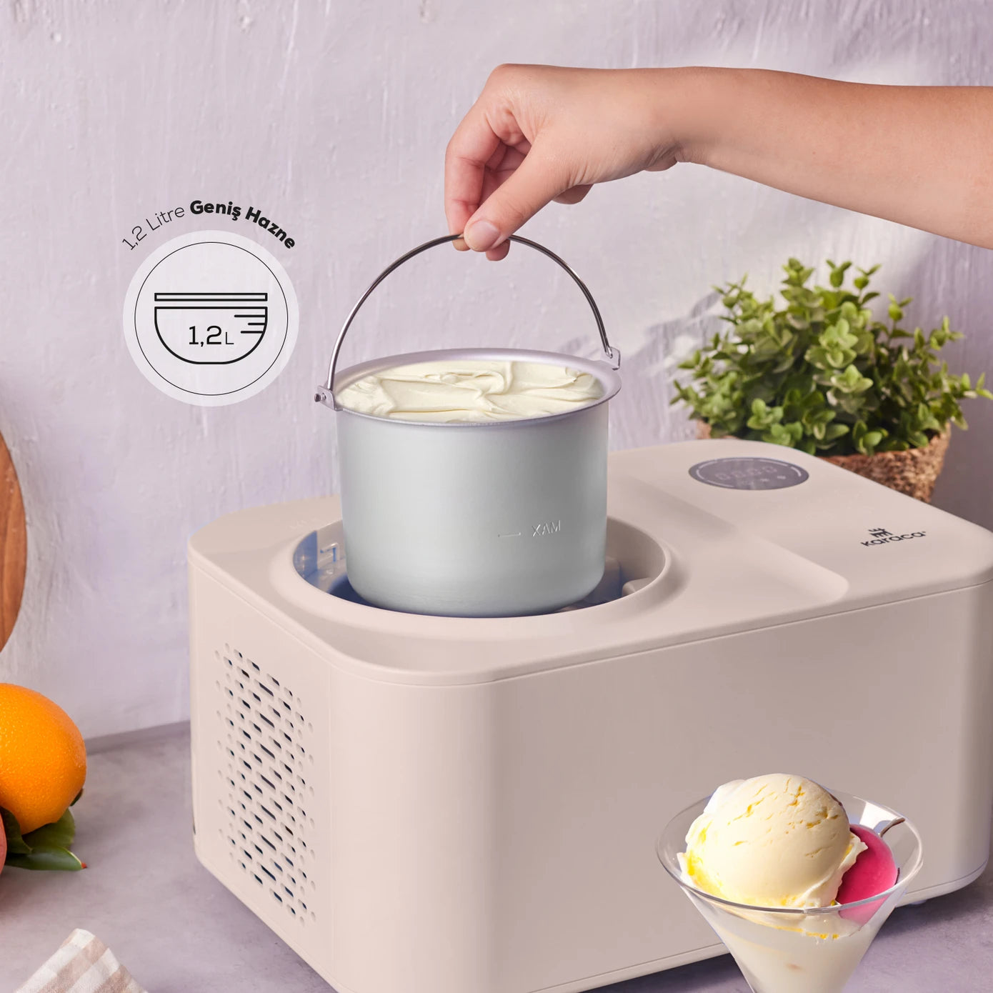 Karaca 2 in 1 Automatic Ice Cream Maker Machine with Mixer and Freezer Vanilla 153.09.01.0964 - Kitchen Appliances - ebarza Furniture UAE | Shop Modern Furniture in Abu Dhabi & Dubai - مفروشات ايبازرا في الامارات | تسوق اثاث عصري وديكورات مميزة في دبي وابوظبي