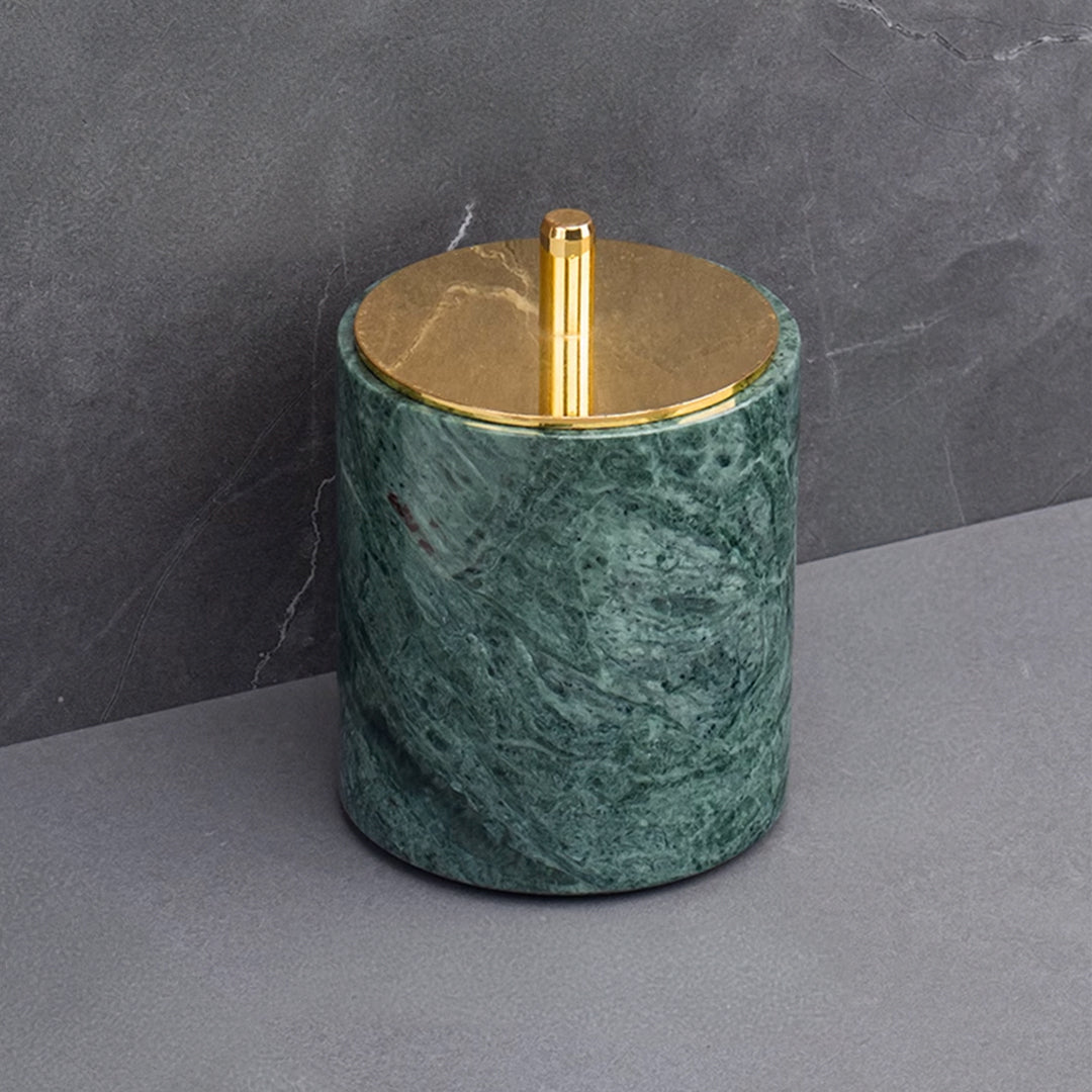 Indian Green Marble Round Cotton Swab Jar (bright gold lid) CBJ840-6 - Bathroom Accessories - ebarza Furniture UAE | Shop Modern Furniture in Abu Dhabi & Dubai - مفروشات ايبازرا في الامارات | تسوق اثاث عصري وديكورات مميزة في دبي وابوظبي