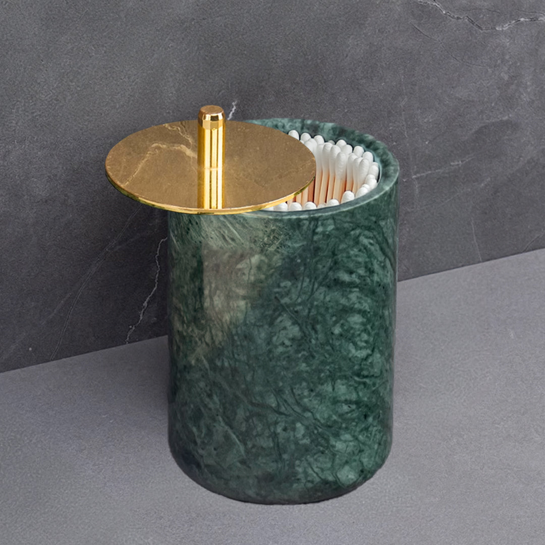 Indian Green Marble Round Cotton Swab Jar (bright gold lid) CBJ840-6 - Bathroom Accessories - ebarza Furniture UAE | Shop Modern Furniture in Abu Dhabi & Dubai - مفروشات ايبازرا في الامارات | تسوق اثاث عصري وديكورات مميزة في دبي وابوظبي