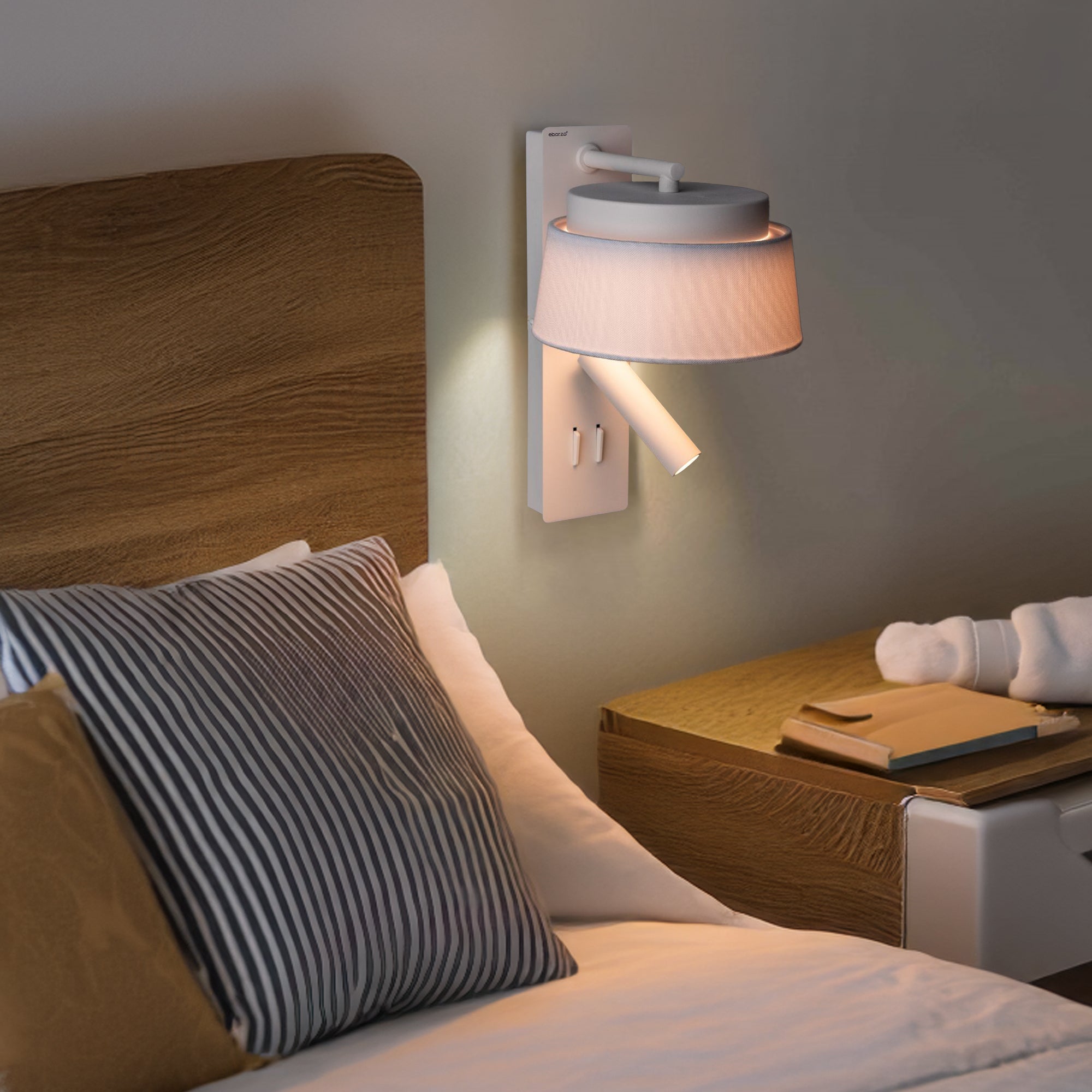 Calm Hotel Style Headboard/ Wall Reading Lamp Calm-WLB)-01 FI White+Grey linen shade - Wall Lamps - ebarza Furniture UAE | Shop Modern Furniture in Abu Dhabi & Dubai - مفروشات ايبازرا في الامارات | تسوق اثاث عصري وديكورات مميزة في دبي وابوظبي