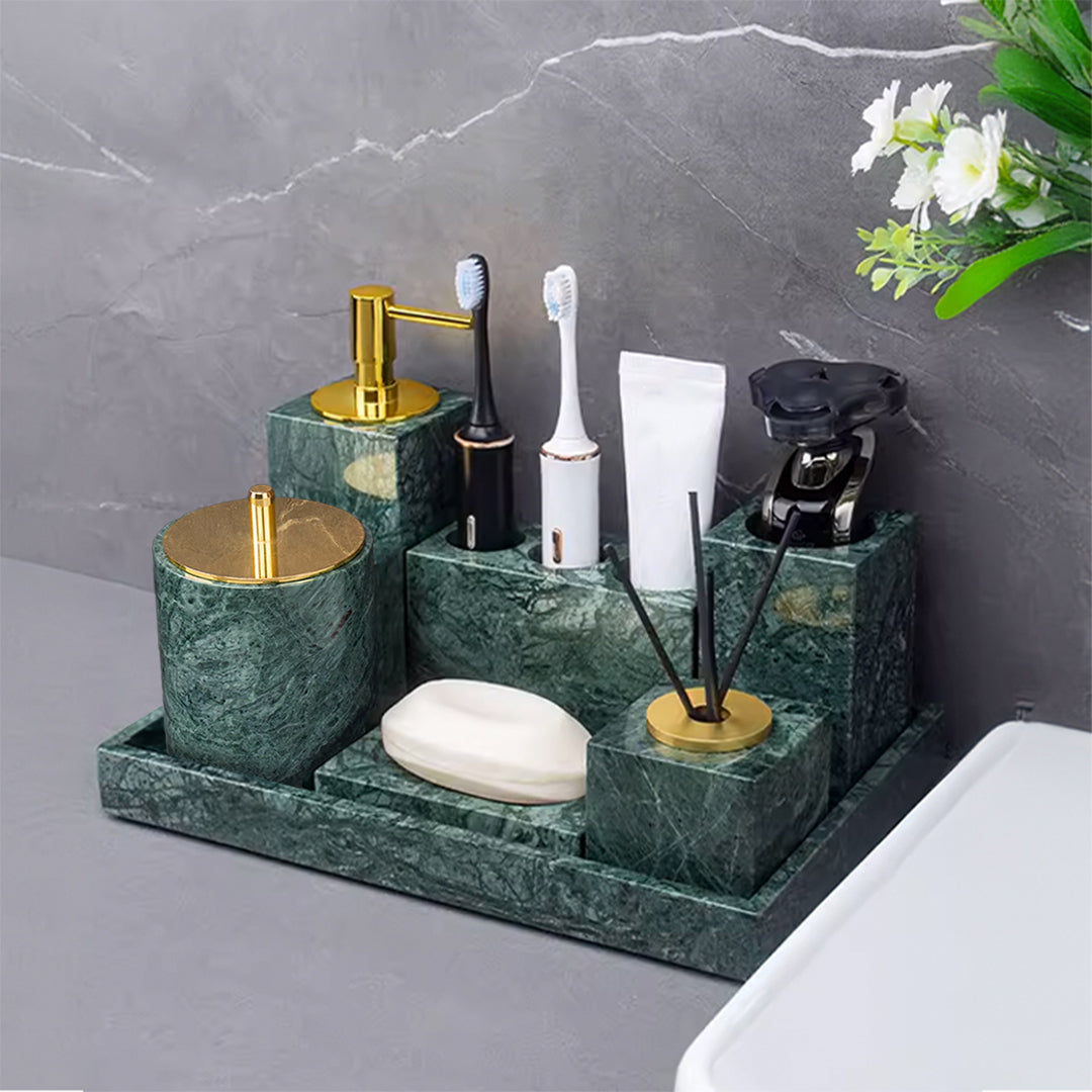 Indian Green Marble Round Cotton Swab Jar (bright gold lid) CBJ840-6 - Bathroom Accessories - ebarza Furniture UAE | Shop Modern Furniture in Abu Dhabi & Dubai - مفروشات ايبازرا في الامارات | تسوق اثاث عصري وديكورات مميزة في دبي وابوظبي