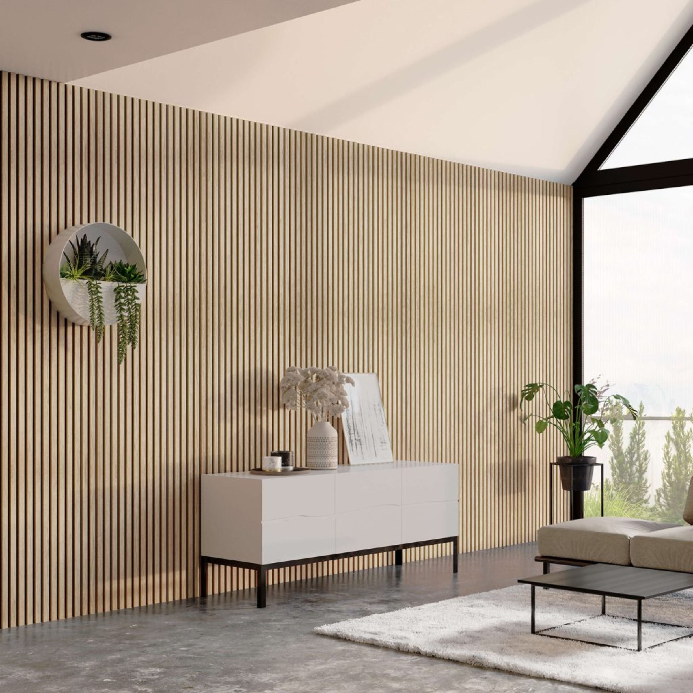 280x60x2.1 cm Slat Acoustic panel 35-15mm Fire Retardant Decoration Panel White-Oak001 - Wall Panels - ebarza Furniture UAE | Shop Modern Furniture in Abu Dhabi & Dubai - مفروشات ايبازرا في الامارات | تسوق اثاث عصري وديكورات مميزة في دبي وابوظبي