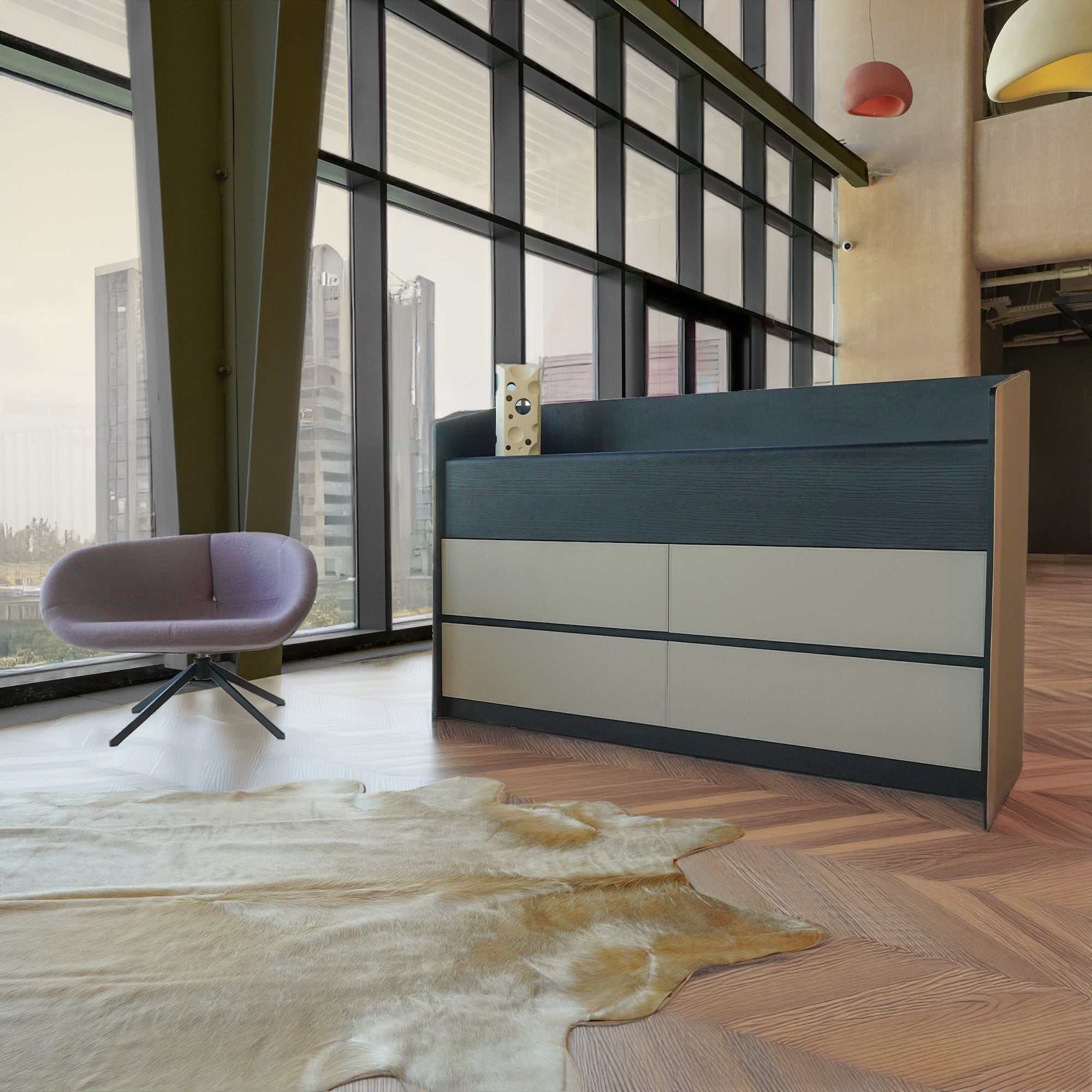 Hidden Dining Table in a Saddle Leather Sideboard Black and Grey MLL-CUS24 - Sideboards - ebarza Furniture UAE | Shop Modern Furniture in Abu Dhabi & Dubai - مفروشات ايبازرا في الامارات | تسوق اثاث عصري وديكورات مميزة في دبي وابوظبي