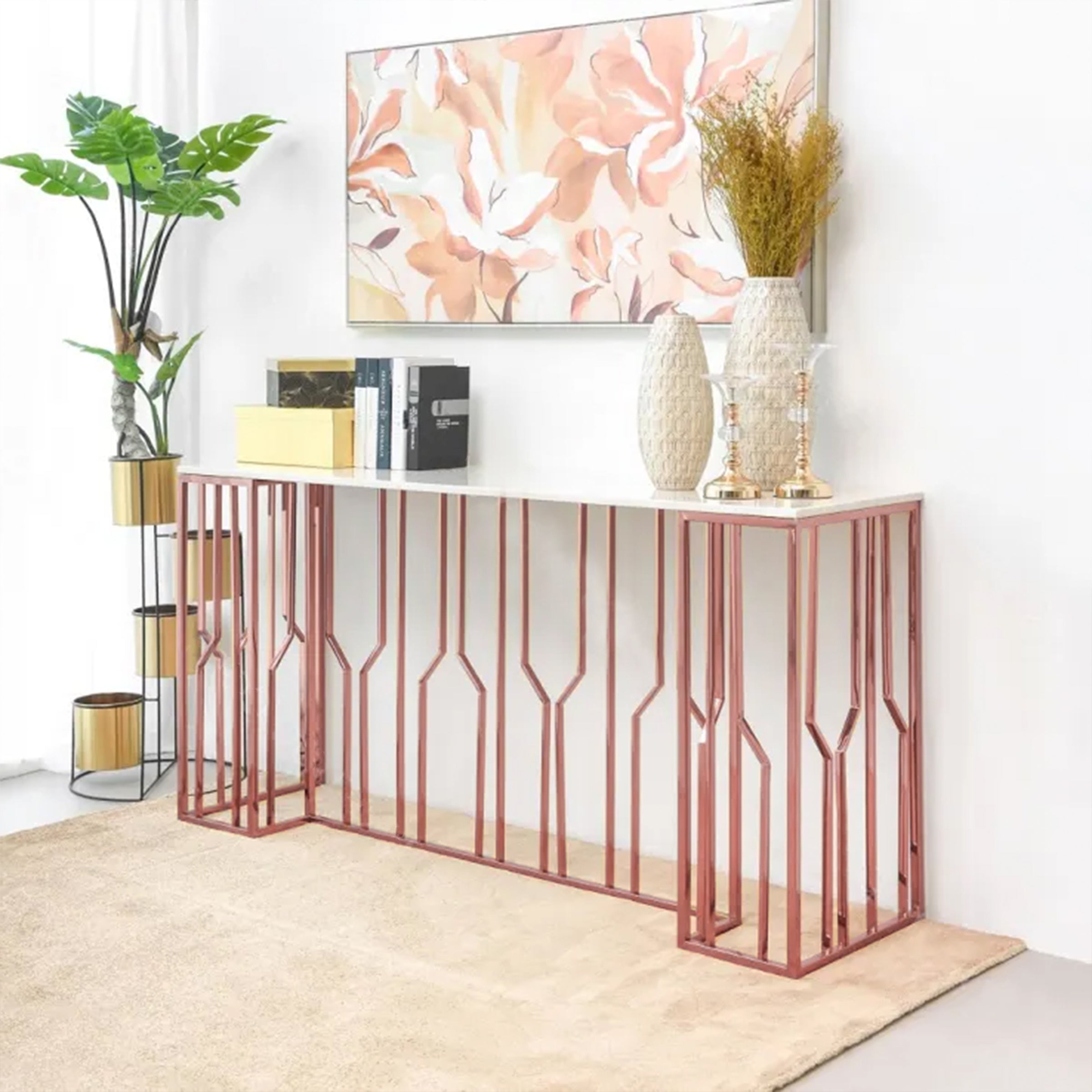 Natural Marble & Stainless Steel Console Table Bp8812- S-Rg - Consoles - ebarza Furniture UAE | Shop Modern Furniture in Abu Dhabi & Dubai - مفروشات ايبازرا في الامارات | تسوق اثاث عصري وديكورات مميزة في دبي وابوظبي