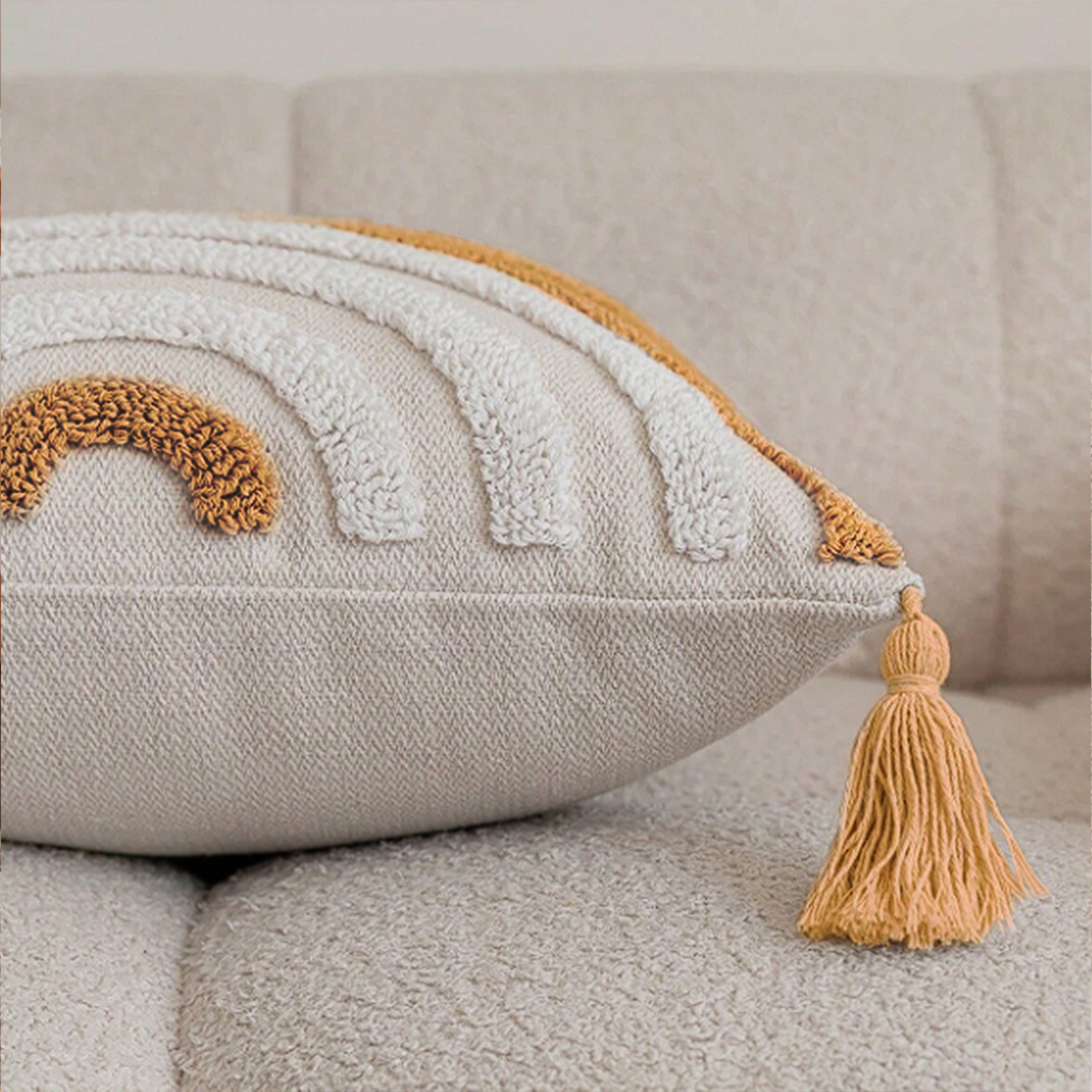 45x45 cm Dot Tufted Cotton Cushion KD2391 -White&Caramel - Cushions - ebarza Furniture UAE | Shop Modern Furniture in Abu Dhabi & Dubai - مفروشات ايبازرا في الامارات | تسوق اثاث عصري وديكورات مميزة في دبي وابوظبي