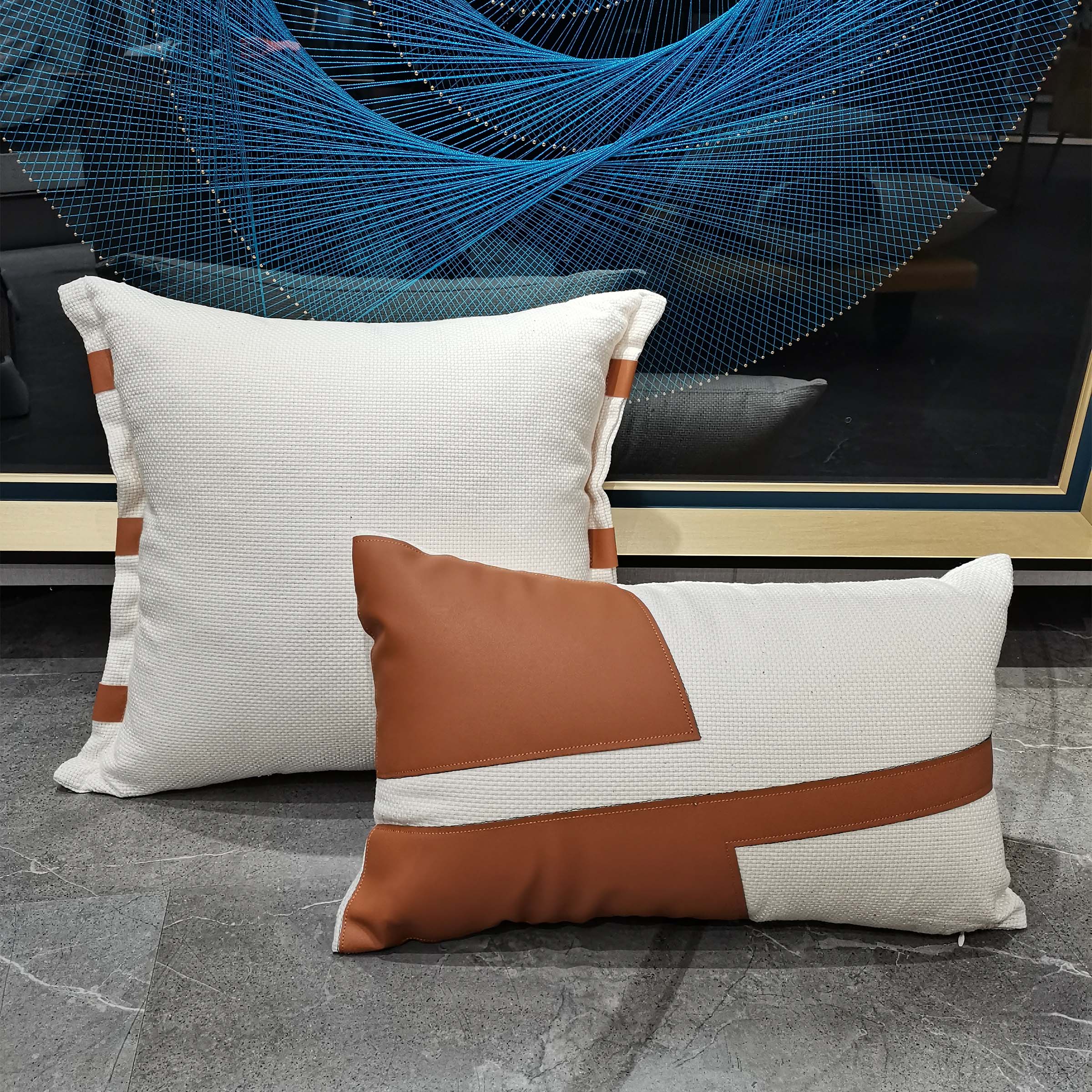 45x45 cm White Edge Leather Cushion KD2352 -White/caramel - Cushions - ebarza Furniture UAE | Shop Modern Furniture in Abu Dhabi & Dubai - مفروشات ايبازرا في الامارات | تسوق اثاث عصري وديكورات مميزة في دبي وابوظبي