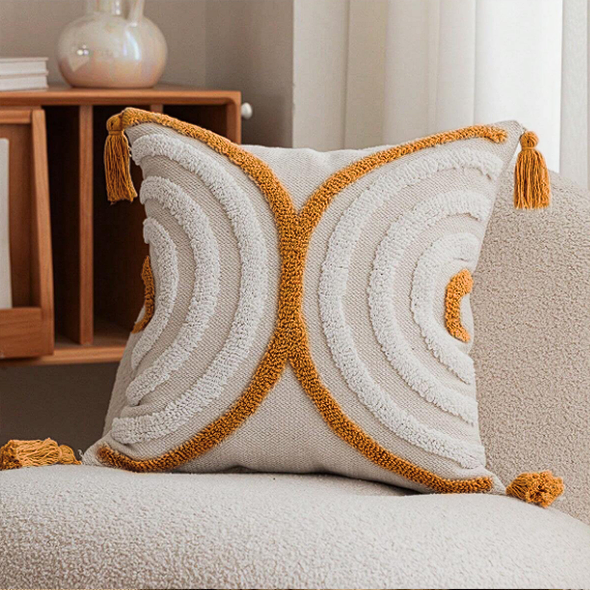 45x45 cm Dot Tufted Cotton Cushion KD2391 -White&Caramel - Cushions - ebarza Furniture UAE | Shop Modern Furniture in Abu Dhabi & Dubai - مفروشات ايبازرا في الامارات | تسوق اثاث عصري وديكورات مميزة في دبي وابوظبي