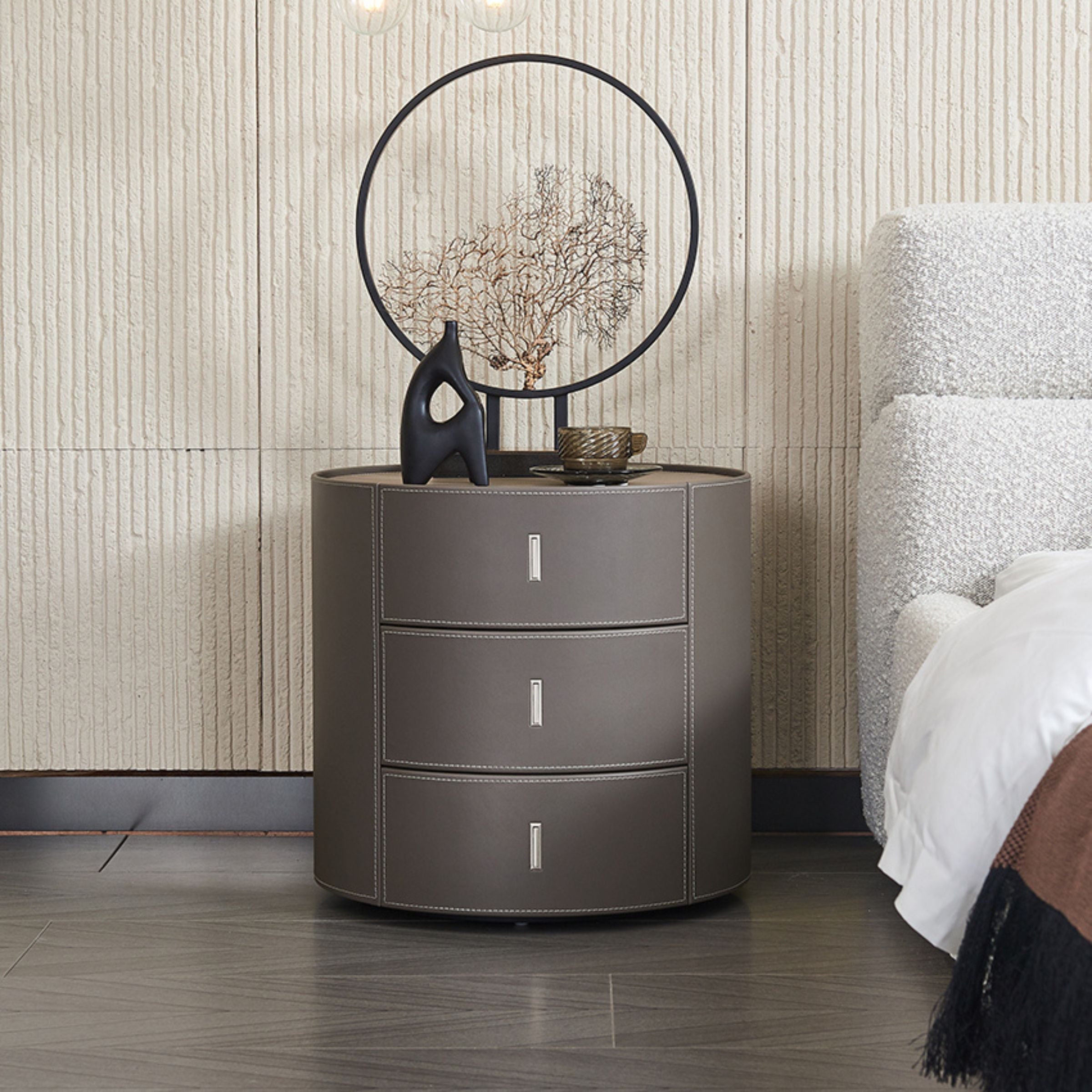 Pre-order 35 Days Delivery - Verona Grey Walnut Veneer Saddle Leather Cabinet MLL-T98 -  Side Tables - ebarza Furniture UAE | Shop Modern Furniture in Abu Dhabi & Dubai - مفروشات ايبازرا في الامارات | تسوق اثاث عصري وديكورات مميزة في دبي وابوظبي