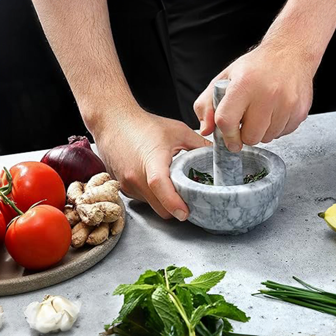 Cloudy White Marble Pestle And Mortar Dia 12x H 6cm - WMPM1206 - Cookware Sets - ebarza Furniture UAE | Shop Modern Furniture in Abu Dhabi & Dubai - مفروشات ايبازرا في الامارات | تسوق اثاث عصري وديكورات مميزة في دبي وابوظبي