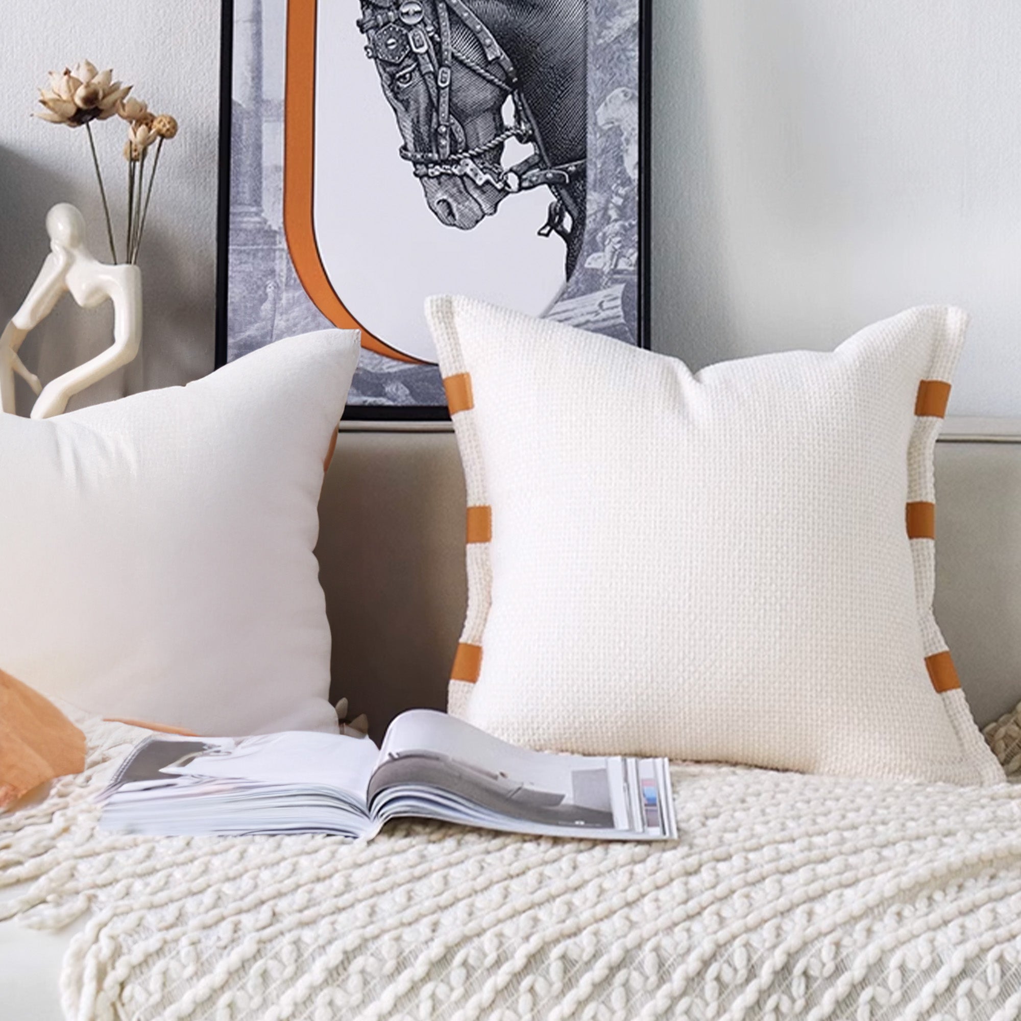 45x45 cm White Edge Leather Cushion KD2352 -White/caramel - Cushions - ebarza Furniture UAE | Shop Modern Furniture in Abu Dhabi & Dubai - مفروشات ايبازرا في الامارات | تسوق اثاث عصري وديكورات مميزة في دبي وابوظبي