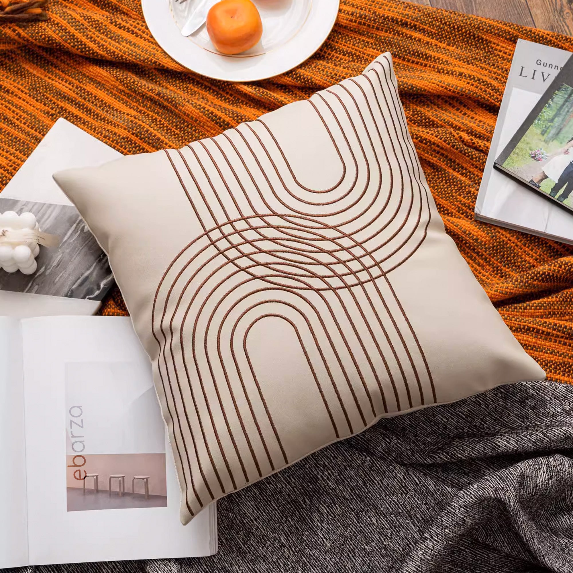 45x45 cm Type Leather Cushion KD2351U - Brwn&Beige -  Cushions - ebarza Furniture UAE | Shop Modern Furniture in Abu Dhabi & Dubai - مفروشات ايبازرا في الامارات | تسوق اثاث عصري وديكورات مميزة في دبي وابوظبي