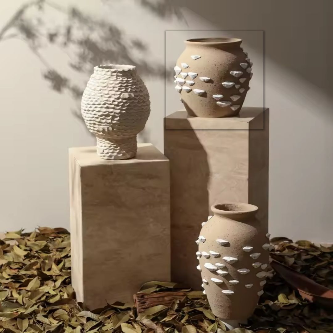 Beige & White Cement Vase With Shell Detail -B FF-SN24027B - Vases - ebarza Furniture UAE | Shop Modern Furniture in Abu Dhabi & Dubai - مفروشات ايبازرا في الامارات | تسوق اثاث عصري وديكورات مميزة في دبي وابوظبي