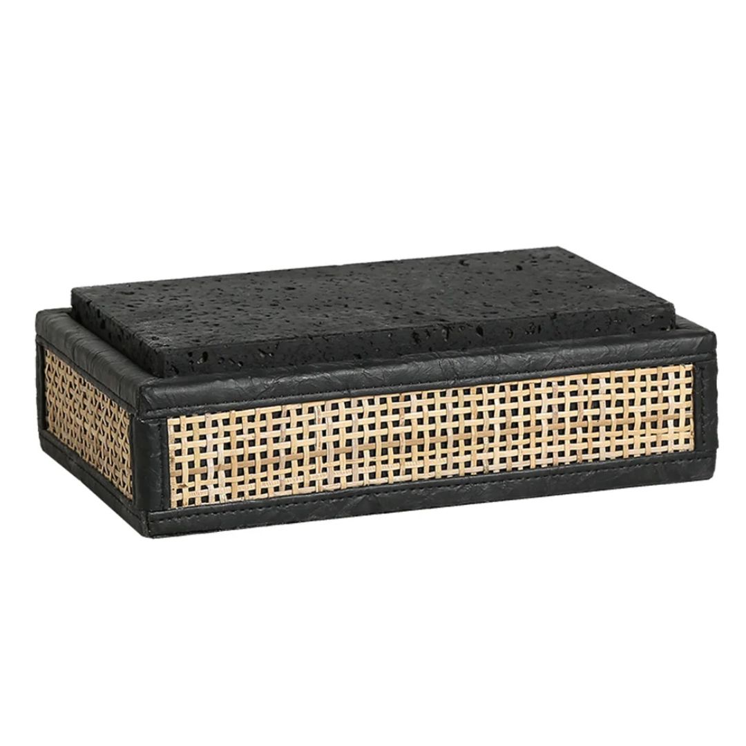 Black Stone & Natural Rattan Storage Box With Lid FB-PG23007A - Decorative Boxes - ebarza Furniture UAE | Shop Modern Furniture in Abu Dhabi & Dubai - مفروشات ايبازرا في الامارات | تسوق اثاث عصري وديكورات مميزة في دبي وابوظبي