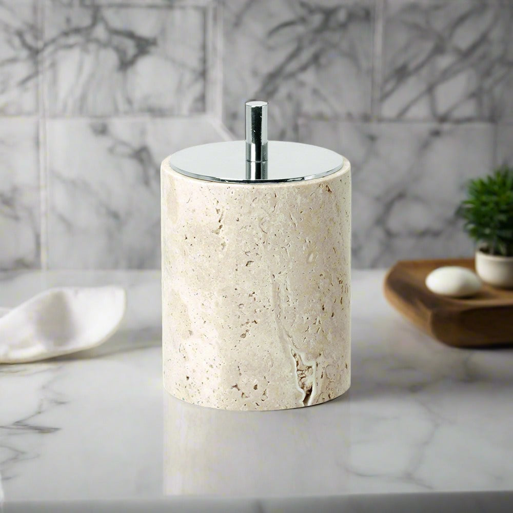 Yellow Travertine Round Cotton Swab Jar ( Metal Lid) CBJ833-6 JAR - Bathroom Accessories - ebarza Furniture UAE | Shop Modern Furniture in Abu Dhabi & Dubai - مفروشات ايبازرا في الامارات | تسوق اثاث عصري وديكورات مميزة في دبي وابوظبي