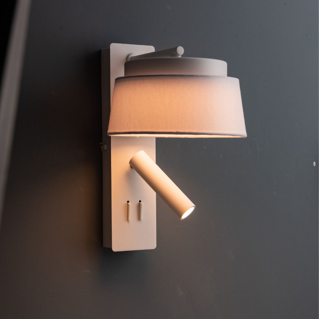 Calm Hotel Style Headboard/ Wall Reading Lamp Calm-WLB)-01 FI White+Grey linen shade - Wall Lamps - ebarza Furniture UAE | Shop Modern Furniture in Abu Dhabi & Dubai - مفروشات ايبازرا في الامارات | تسوق اثاث عصري وديكورات مميزة في دبي وابوظبي
