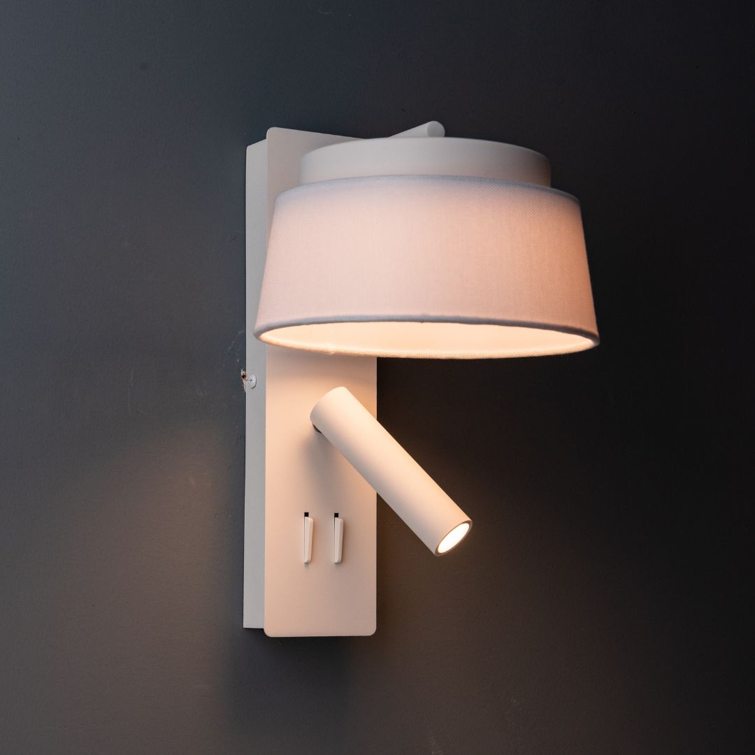 Calm Hotel Style Headboard/ Wall Reading Lamp Calm-WLB)-01 FI White+Grey linen shade - Wall Lamps - ebarza Furniture UAE | Shop Modern Furniture in Abu Dhabi & Dubai - مفروشات ايبازرا في الامارات | تسوق اثاث عصري وديكورات مميزة في دبي وابوظبي