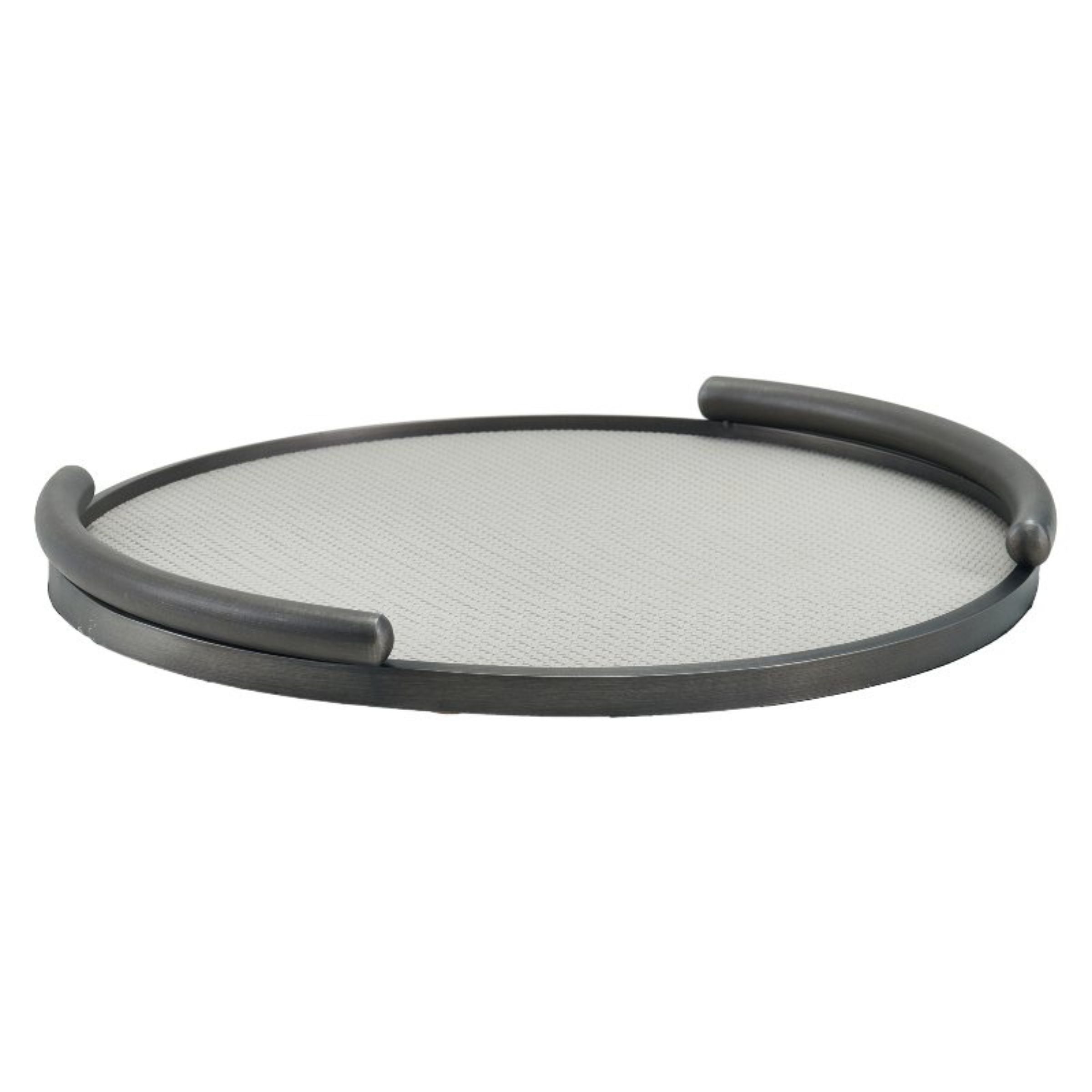LIGHT GREY & BRUSHED METAL ROUND LEATHER TRAY DD210942A - Trays - ebarza Furniture UAE | Shop Modern Furniture in Abu Dhabi & Dubai - مفروشات ايبازرا في الامارات | تسوق اثاث عصري وديكورات مميزة في دبي وابوظبي