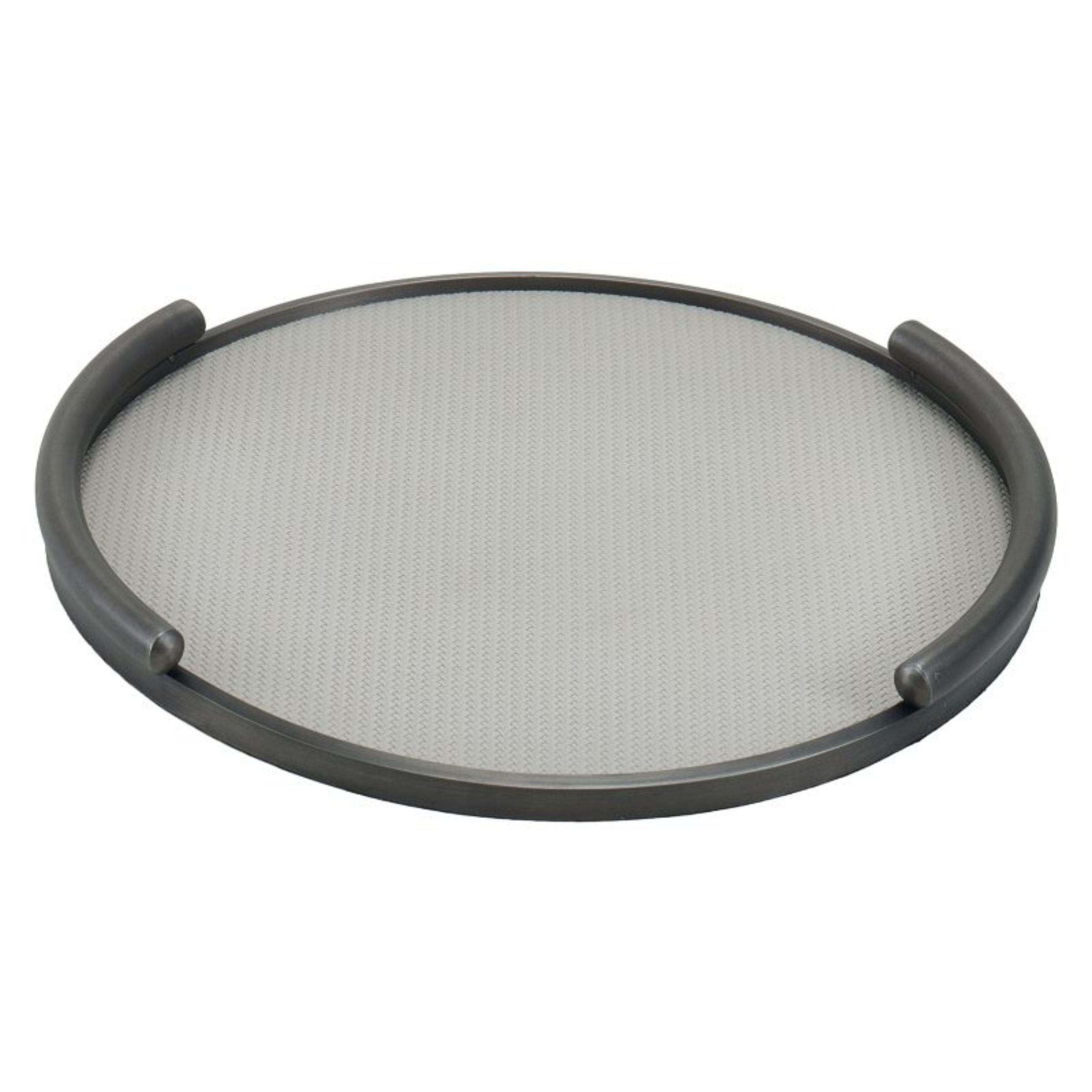 LIGHT GREY & BRUSHED METAL ROUND LEATHER TRAY DD210942A - Trays - ebarza Furniture UAE | Shop Modern Furniture in Abu Dhabi & Dubai - مفروشات ايبازرا في الامارات | تسوق اثاث عصري وديكورات مميزة في دبي وابوظبي
