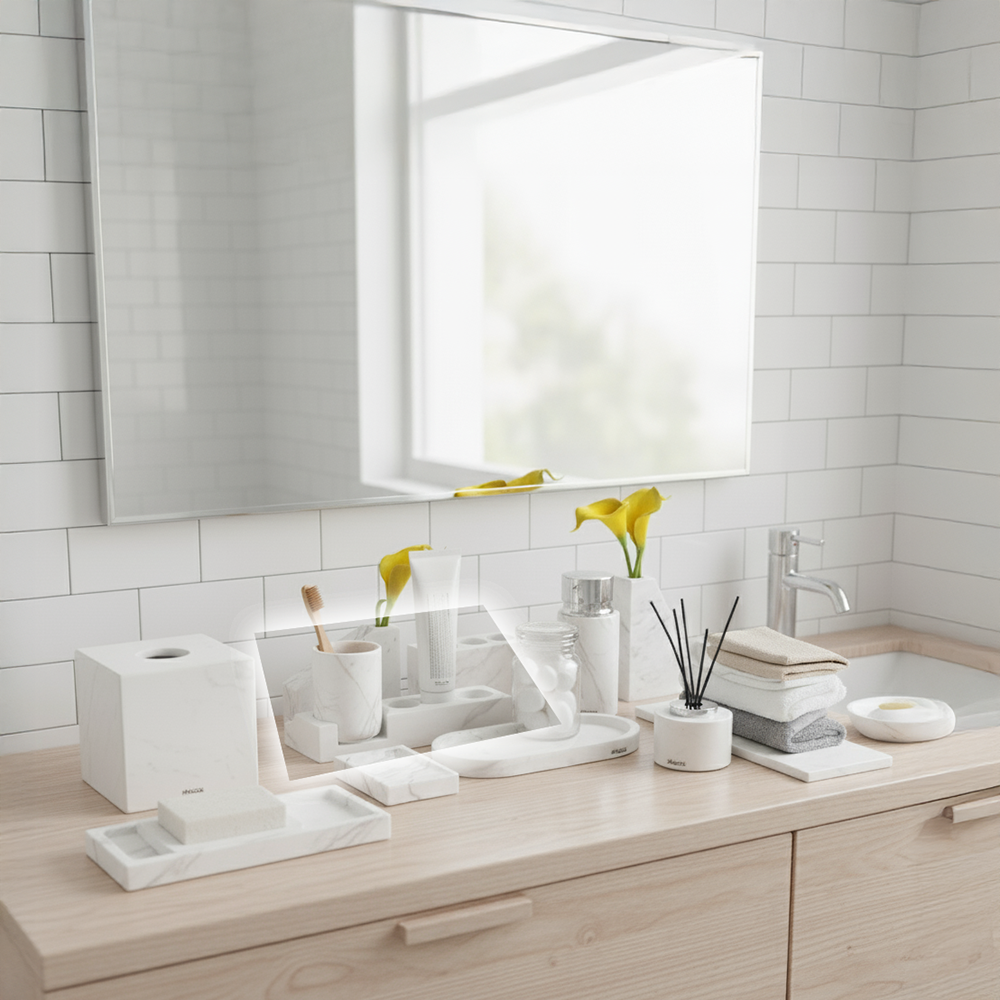 Jazz White Marble Toothbrush Holder Set (Cotton Swab Can Version - Silver Lid) TMC880-1+CBJ880-6 - Bath Sets - ebarza Furniture UAE | Shop Modern Furniture in Abu Dhabi & Dubai - مفروشات ايبازرا في الامارات | تسوق اثاث عصري وديكورات مميزة في دبي وابوظبي