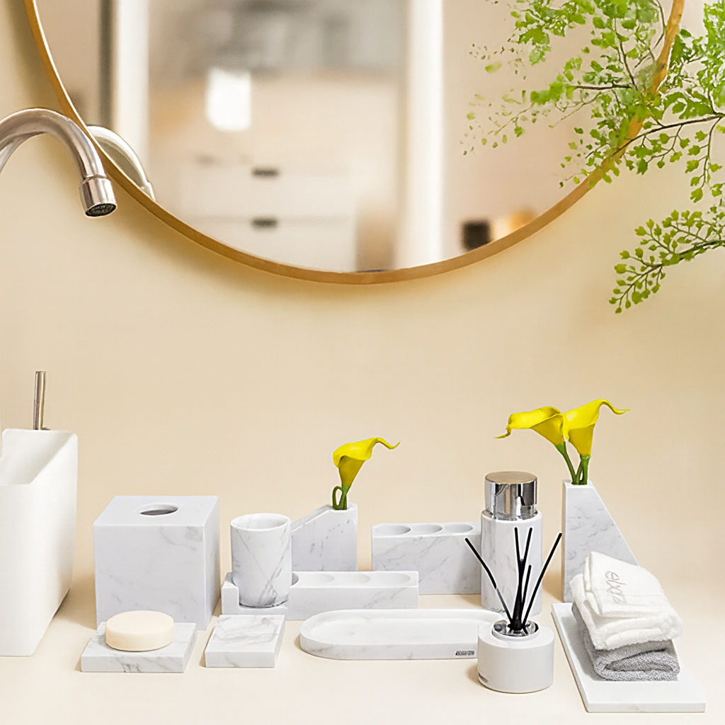 10 Pieces Jazz White Marble Ebarza Bathroom Set -JWE