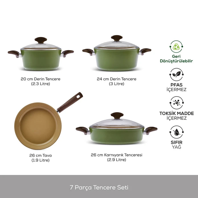 Karaca Swiss Crystal Nature Pro 7 Piece Cookware Set 153.03.08.4491 -  Cookware Sets - ebarza Furniture UAE | Shop Modern Furniture in Abu Dhabi & Dubai - مفروشات ايبازرا في الامارات | تسوق اثاث عصري وديكورات مميزة في دبي وابوظبي
