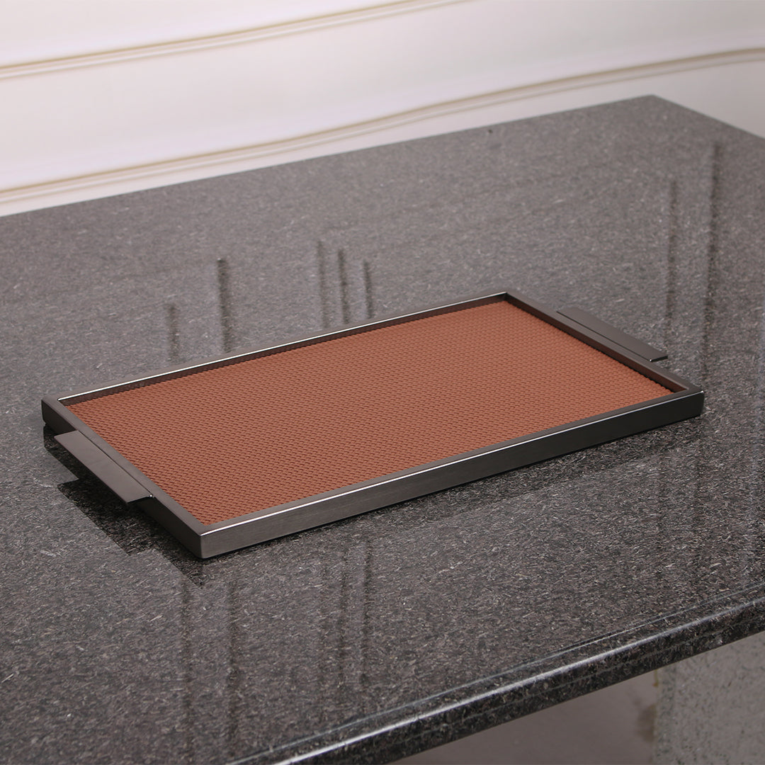 LEATHER & METAL BROWN TRAY-S W6048 - Trays - ebarza Furniture UAE | Shop Modern Furniture in Abu Dhabi & Dubai - مفروشات ايبازرا في الامارات | تسوق اثاث عصري وديكورات مميزة في دبي وابوظبي
