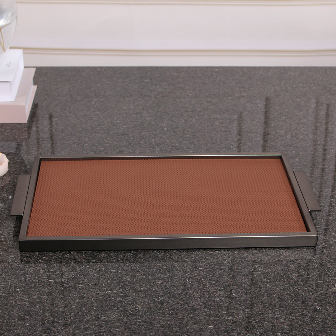 LEATHER & METAL BROWN TRAY-L W6047B - Trays - ebarza Furniture UAE | Shop Modern Furniture in Abu Dhabi & Dubai - مفروشات ايبازرا في الامارات | تسوق اثاث عصري وديكورات مميزة في دبي وابوظبي