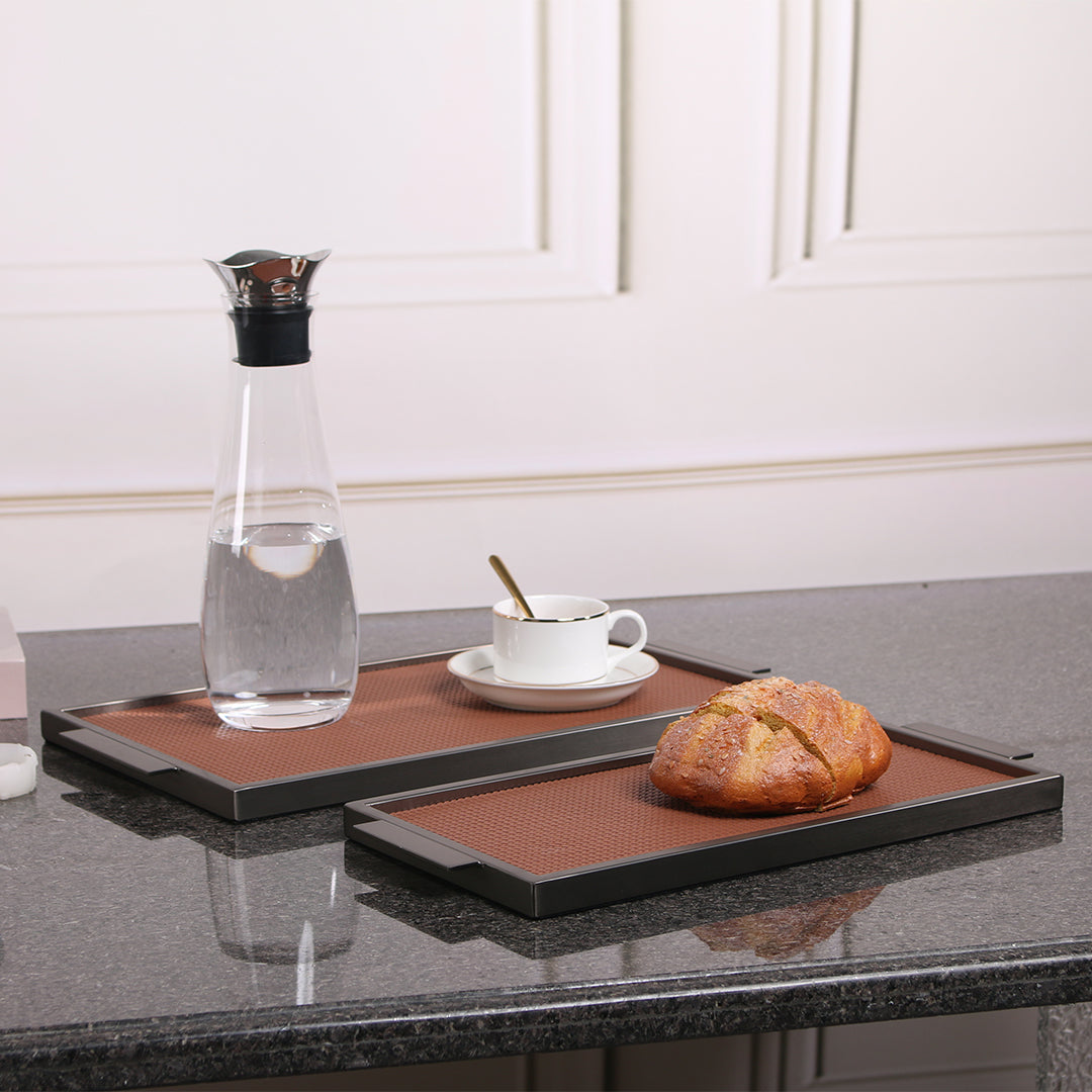 LEATHER & METAL BROWN TRAY-L W6047B - Trays - ebarza Furniture UAE | Shop Modern Furniture in Abu Dhabi & Dubai - مفروشات ايبازرا في الامارات | تسوق اثاث عصري وديكورات مميزة في دبي وابوظبي
