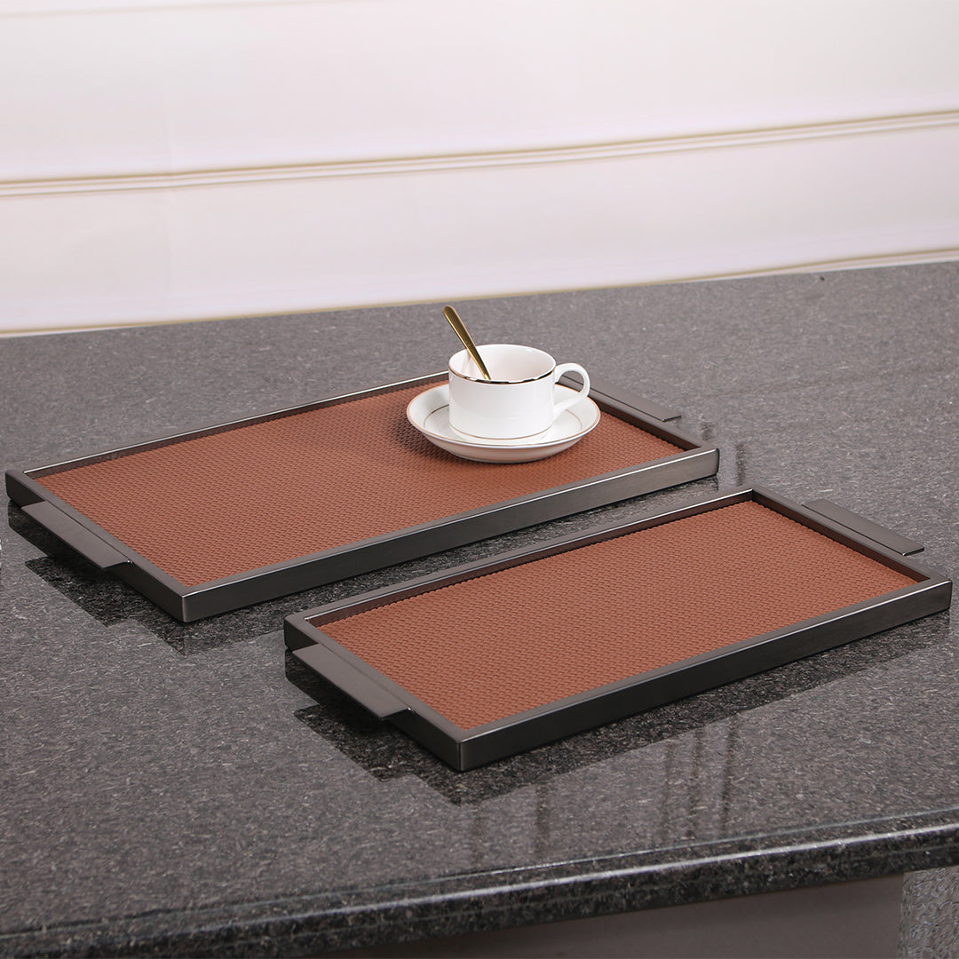 LEATHER & METAL BROWN TRAY-L W6047B - Trays - ebarza Furniture UAE | Shop Modern Furniture in Abu Dhabi & Dubai - مفروشات ايبازرا في الامارات | تسوق اثاث عصري وديكورات مميزة في دبي وابوظبي