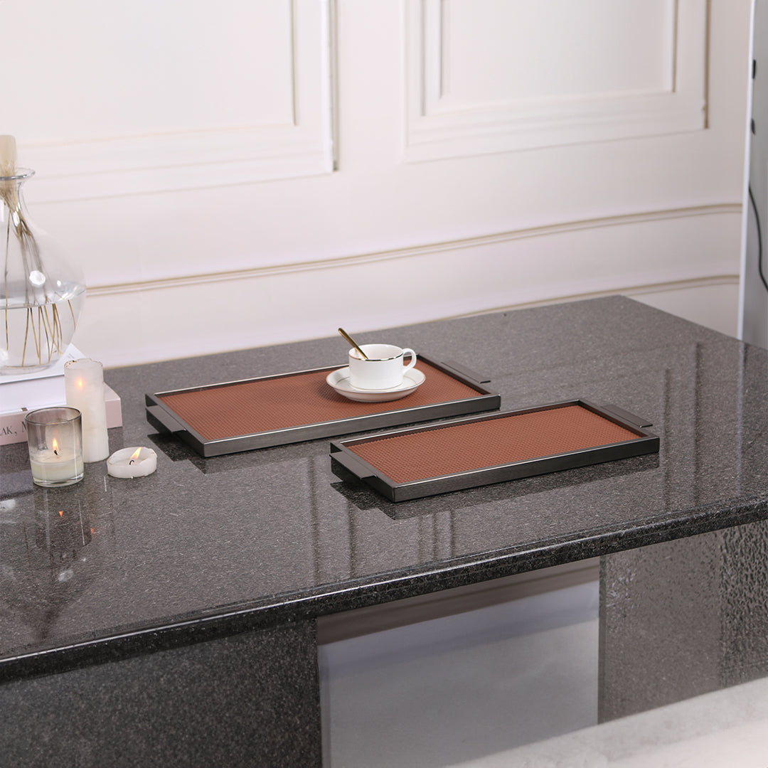LEATHER & METAL BROWN TRAY-L W6047B - Trays - ebarza Furniture UAE | Shop Modern Furniture in Abu Dhabi & Dubai - مفروشات ايبازرا في الامارات | تسوق اثاث عصري وديكورات مميزة في دبي وابوظبي