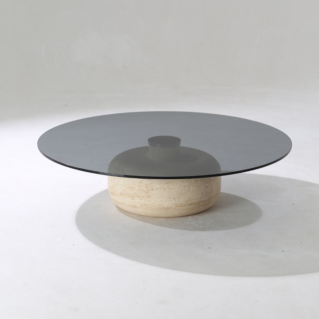 Minimal Grey Glass & Travatine Marble Round Coffee Table CT8683-SG-NEW - Coffee tables - ebarza Furniture UAE | Shop Modern Furniture in Abu Dhabi & Dubai - مفروشات ايبازرا في الامارات | تسوق اثاث عصري وديكورات مميزة في دبي وابوظبي