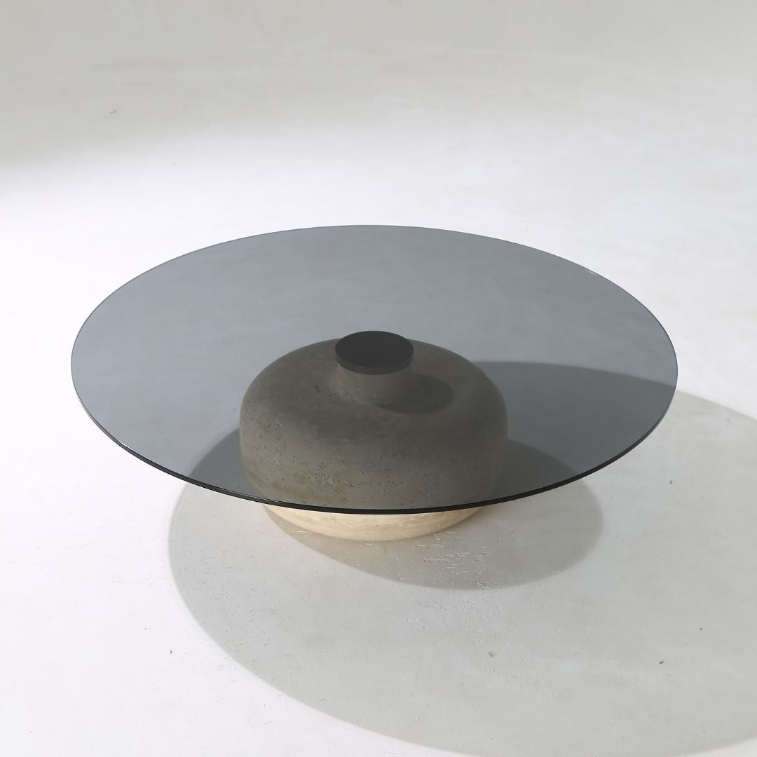 Minimal Grey Glass & Travatine Marble Round Coffee Table CT8683-SG-NEW - Coffee tables - ebarza Furniture UAE | Shop Modern Furniture in Abu Dhabi & Dubai - مفروشات ايبازرا في الامارات | تسوق اثاث عصري وديكورات مميزة في دبي وابوظبي