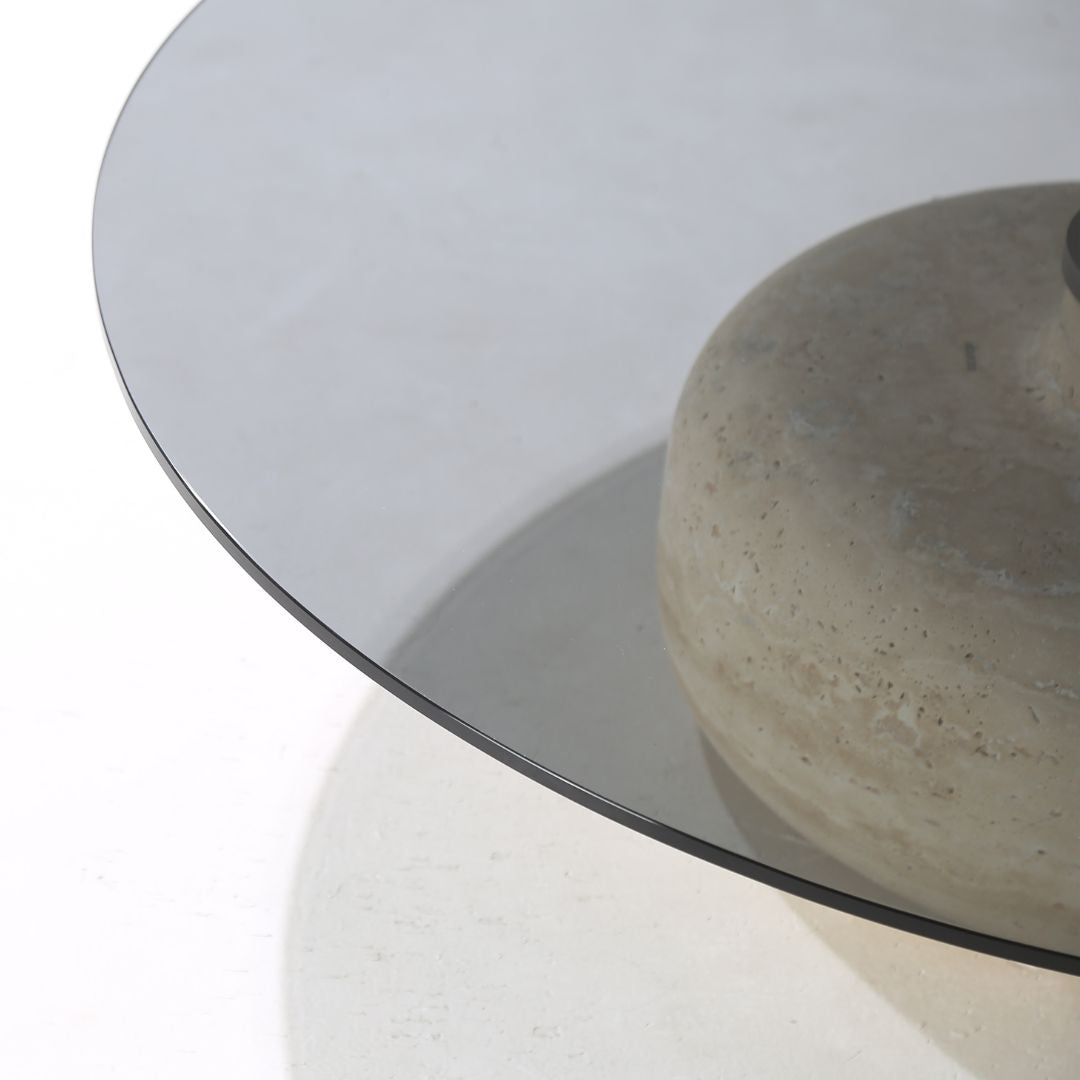 Minimal Grey Glass & Travatine Marble Round Coffee Table CT8683-SG-NEW - Coffee tables - ebarza Furniture UAE | Shop Modern Furniture in Abu Dhabi & Dubai - مفروشات ايبازرا في الامارات | تسوق اثاث عصري وديكورات مميزة في دبي وابوظبي