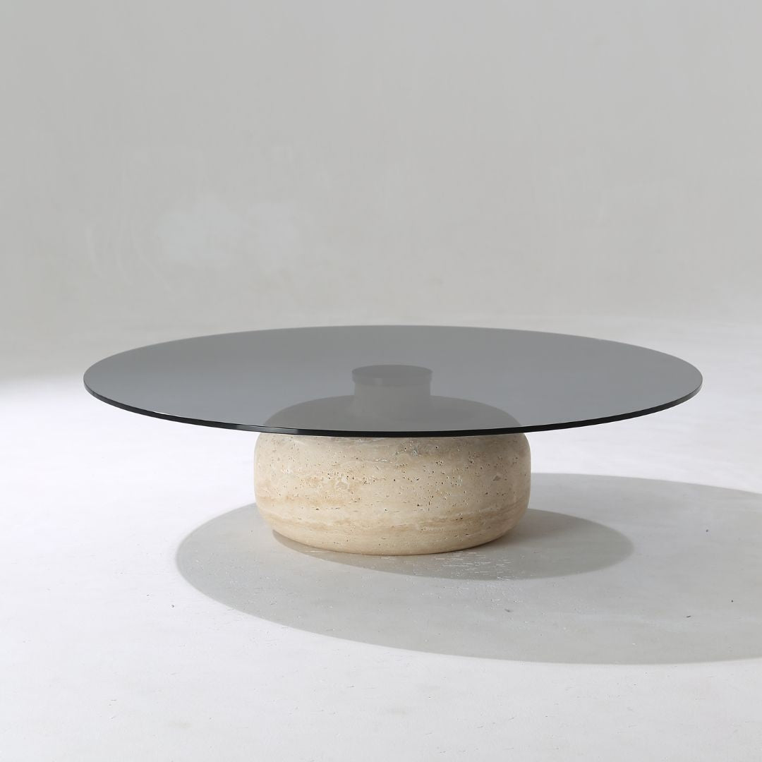 Minimal Grey Glass & Travatine Marble Round Coffee Table CT8683-SG-NEW - Coffee tables - ebarza Furniture UAE | Shop Modern Furniture in Abu Dhabi & Dubai - مفروشات ايبازرا في الامارات | تسوق اثاث عصري وديكورات مميزة في دبي وابوظبي