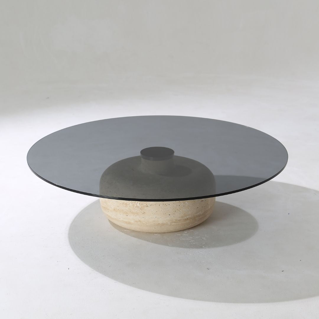 Minimal Grey Glass & Travatine Marble Round Coffee Table CT8683-SG-NEW - Coffee tables - ebarza Furniture UAE | Shop Modern Furniture in Abu Dhabi & Dubai - مفروشات ايبازرا في الامارات | تسوق اثاث عصري وديكورات مميزة في دبي وابوظبي