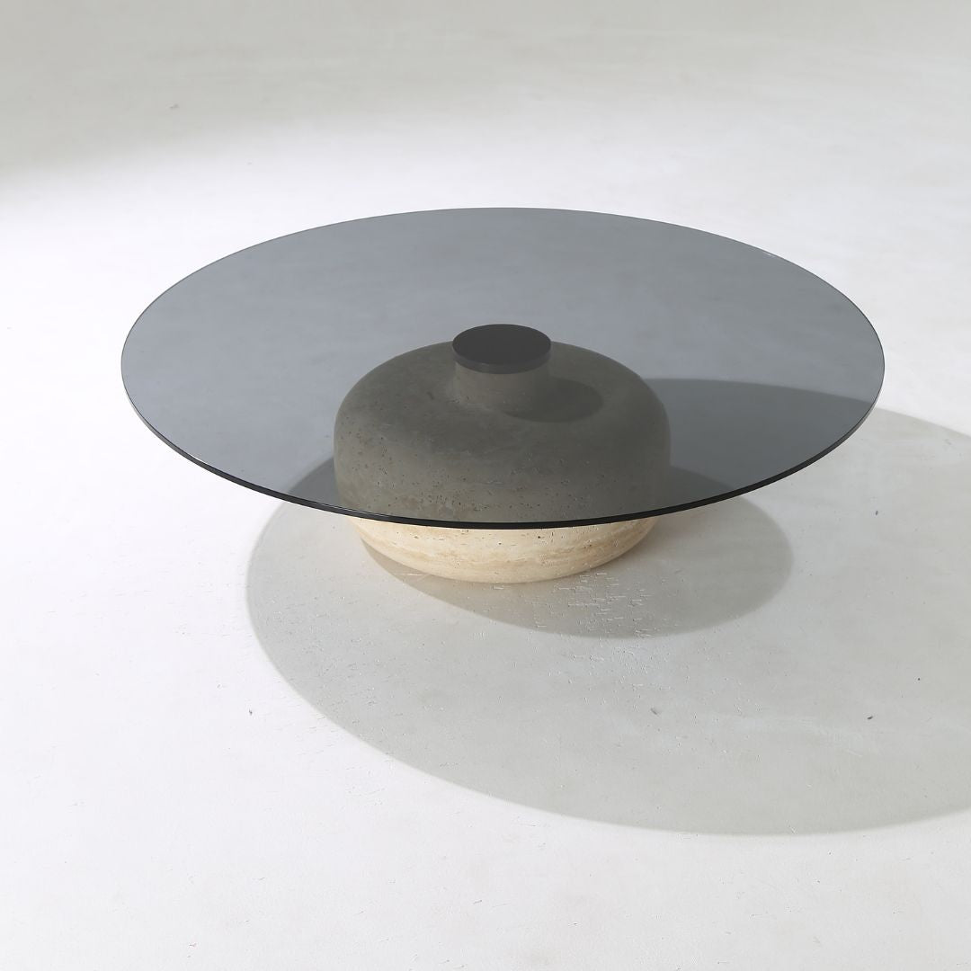 Minimal Grey Glass & Travatine Marble Round Coffee Table CT8683-SG-NEW - Coffee tables - ebarza Furniture UAE | Shop Modern Furniture in Abu Dhabi & Dubai - مفروشات ايبازرا في الامارات | تسوق اثاث عصري وديكورات مميزة في دبي وابوظبي