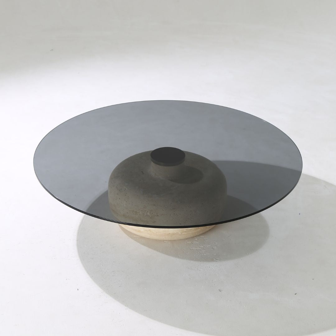Minimal Grey Glass & Travatine Marble Round Coffee Table CT8683-SG-NEW - Coffee tables - ebarza Furniture UAE | Shop Modern Furniture in Abu Dhabi & Dubai - مفروشات ايبازرا في الامارات | تسوق اثاث عصري وديكورات مميزة في دبي وابوظبي
