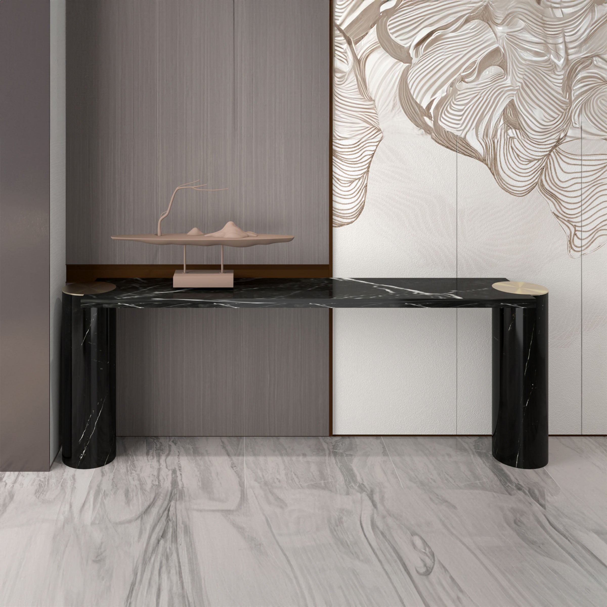 Natural Marble Console 200cm Nero Marquina Stainless Steel Champagne Gold DZ463DTN - Consoles - ebarza Furniture UAE | Shop Modern Furniture in Abu Dhabi & Dubai - مفروشات ايبازرا في الامارات | تسوق اثاث عصري وديكورات مميزة في دبي وابوظبي