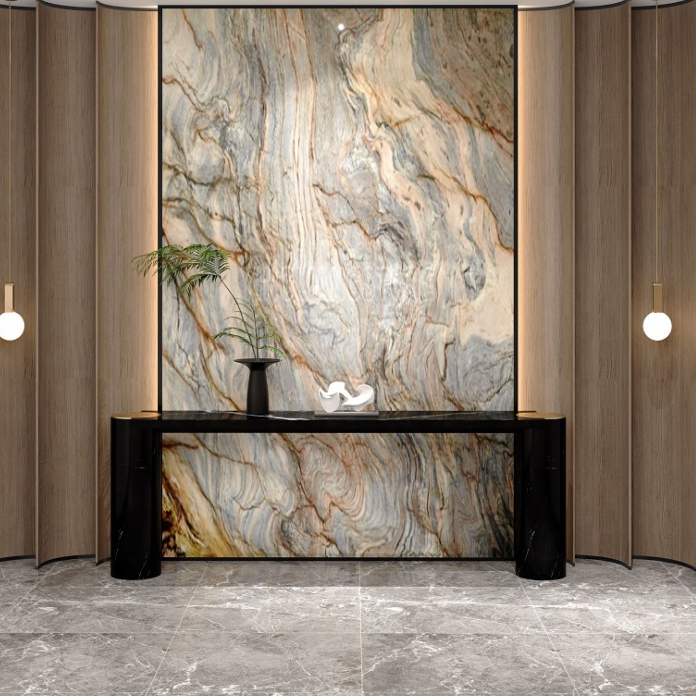 Natural Marble Console 200cm Nero Marquina Stainless Steel Champagne Gold DZ463DTN - Consoles - ebarza Furniture UAE | Shop Modern Furniture in Abu Dhabi & Dubai - مفروشات ايبازرا في الامارات | تسوق اثاث عصري وديكورات مميزة في دبي وابوظبي