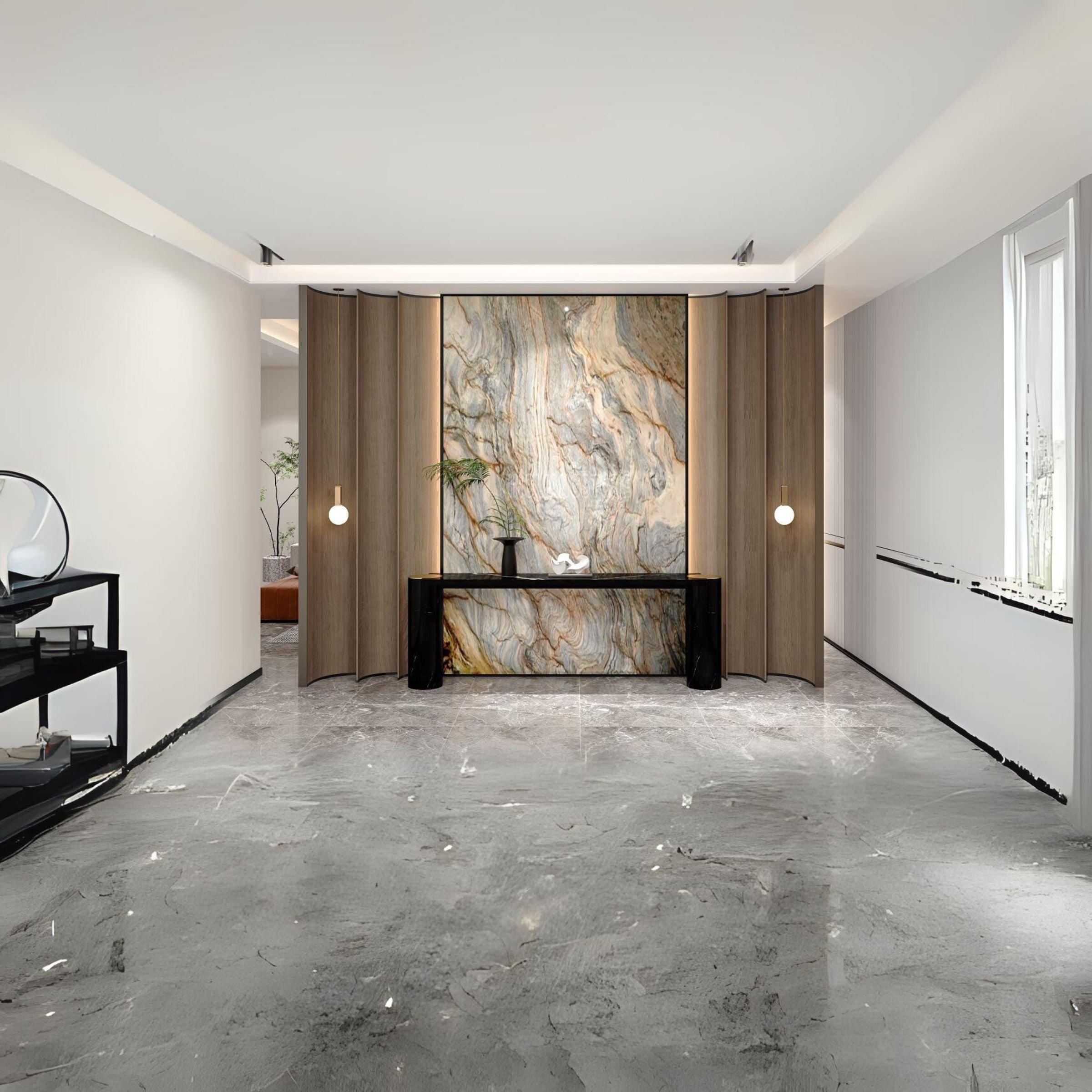 Natural Marble Console 200cm Nero Marquina Stainless Steel Champagne Gold DZ463DTN - Consoles - ebarza Furniture UAE | Shop Modern Furniture in Abu Dhabi & Dubai - مفروشات ايبازرا في الامارات | تسوق اثاث عصري وديكورات مميزة في دبي وابوظبي