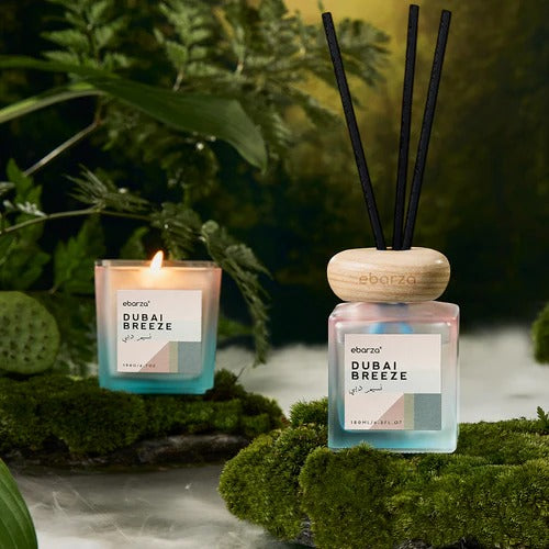 Dubai Breeze Bundle - Stylish Scented Candle (190g) & Sticks Diffuser (180ml) | Ebarza Vibes - Stick Diffusers - ebarza Furniture UAE | Shop Modern Furniture in Abu Dhabi & Dubai - مفروشات ايبازرا في الامارات | تسوق اثاث عصري وديكورات مميزة في دبي وابوظبي