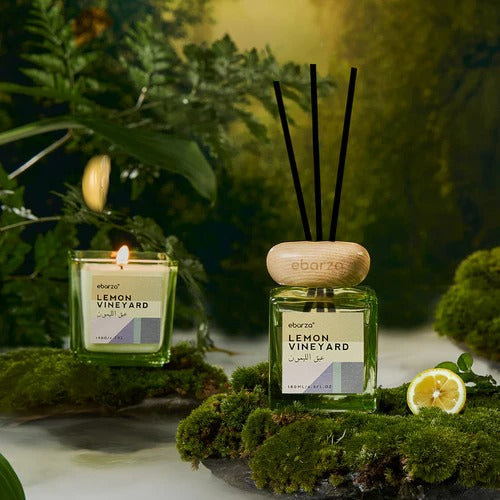 Lemon Vineyard Bundle - Stylish Scented Candle (190g) & Sticks Diffuser (180ml) | Ebarza Vibes - Stick Diffusers - ebarza Furniture UAE | Shop Modern Furniture in Abu Dhabi & Dubai - مفروشات ايبازرا في الامارات | تسوق اثاث عصري وديكورات مميزة في دبي وابوظبي