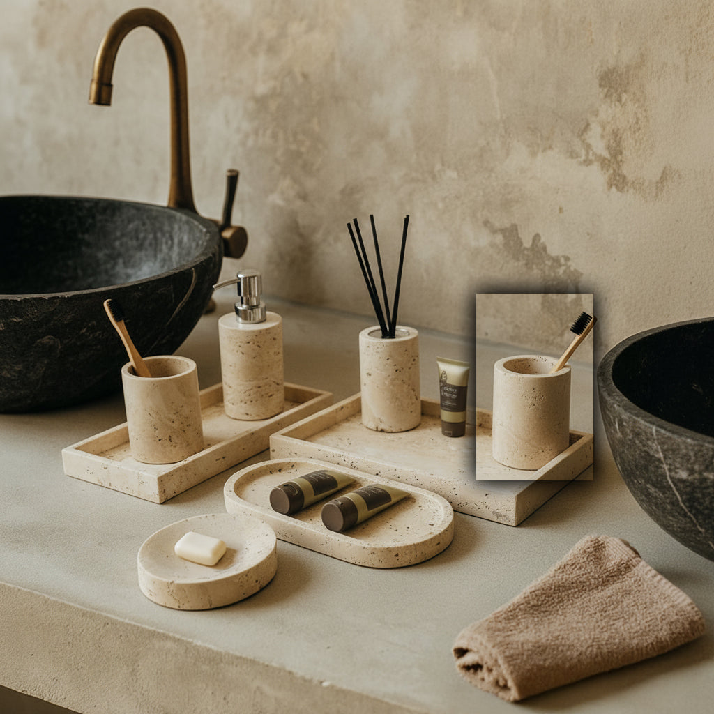 Yellow Travertine Round Cup CBJ833-6 Cup - Bathroom Accessories - ebarza Furniture UAE | Shop Modern Furniture in Abu Dhabi & Dubai - مفروشات ايبازرا في الامارات | تسوق اثاث عصري وديكورات مميزة في دبي وابوظبي