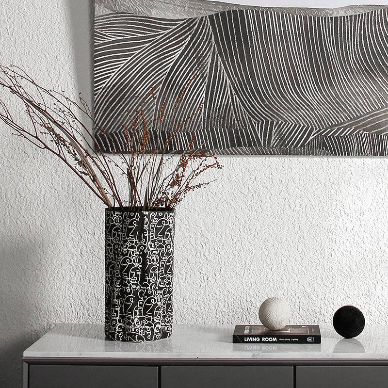 Black & White Hand-Drawn Ceramic Vase-A Fa-D21051A - Vases - ebarza Furniture UAE | Shop Modern Furniture in Abu Dhabi & Dubai - مفروشات ايبازرا في الامارات | تسوق اثاث عصري وديكورات مميزة في دبي وابوظبي