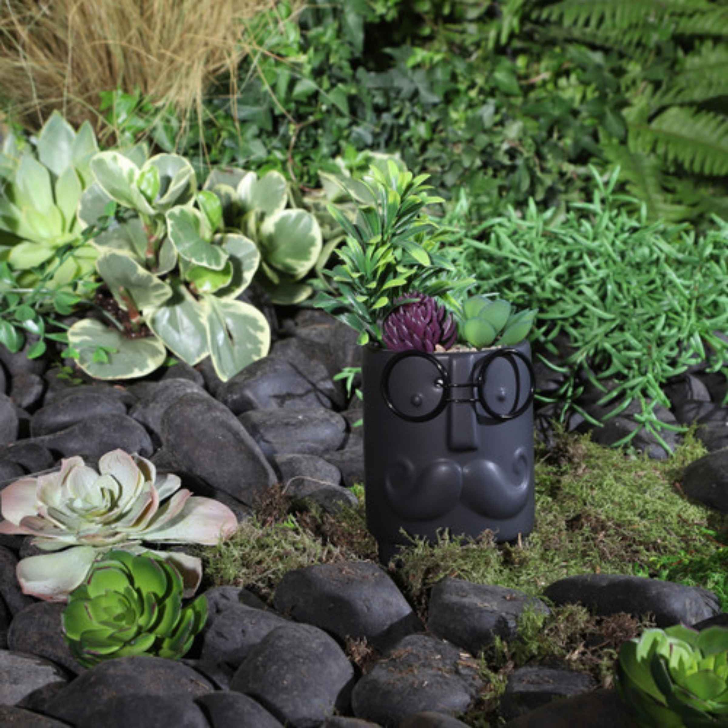 Face Ceramic Planter With Artificial Plants 8.89 Cm - Black 16972-02 - Planter Boxes - ebarza Furniture UAE | Shop Modern Furniture in Abu Dhabi & Dubai - مفروشات ايبازرا في الامارات | تسوق اثاث عصري وديكورات مميزة في دبي وابوظبي