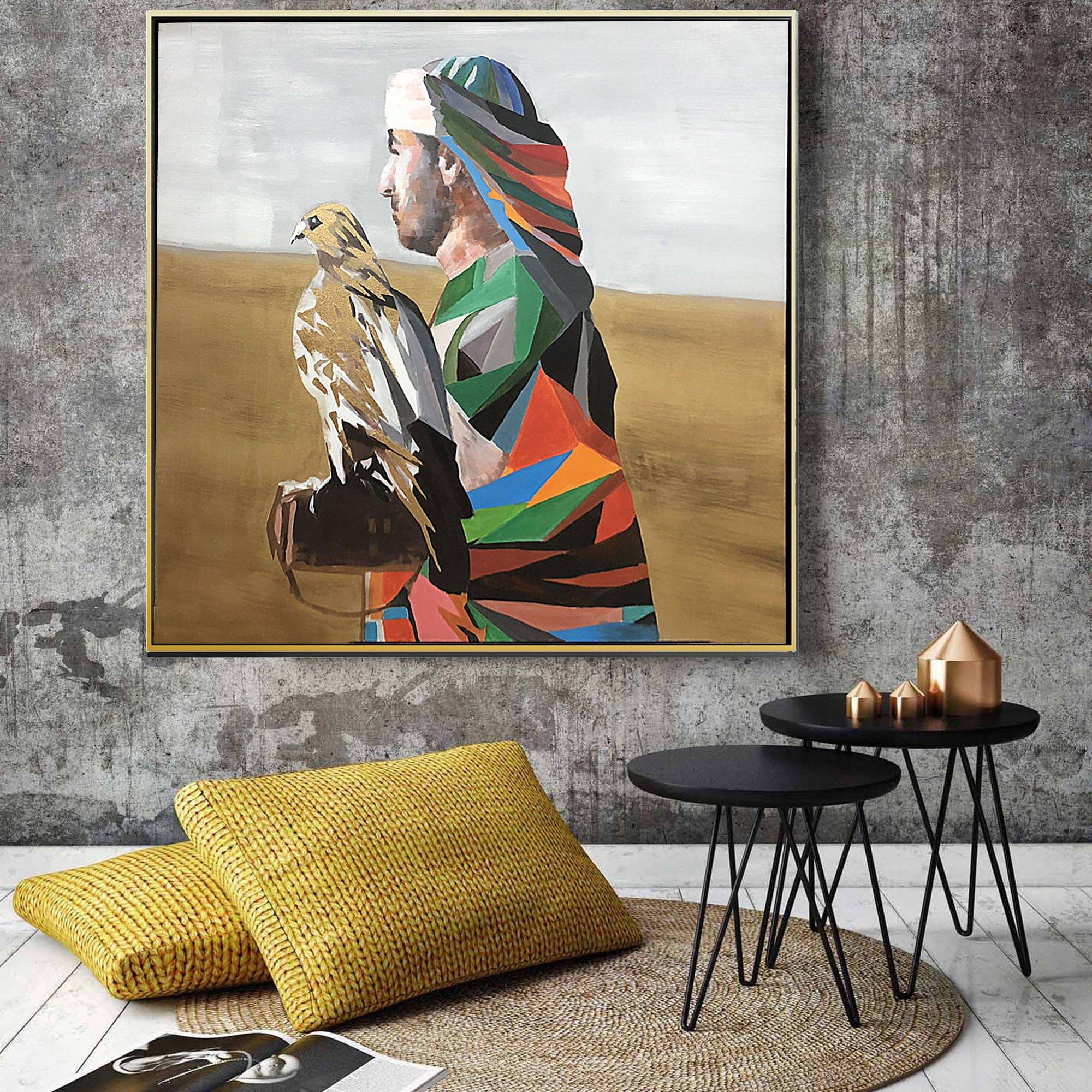 Falconry Hand Painted UAE Culture Art Painting With Frame 105X105 Cm SOAP0877 - Paintings - ebarza Furniture UAE | Shop Modern Furniture in Abu Dhabi & Dubai - مفروشات ايبازرا في الامارات | تسوق اثاث عصري وديكورات مميزة في دبي وابوظبي