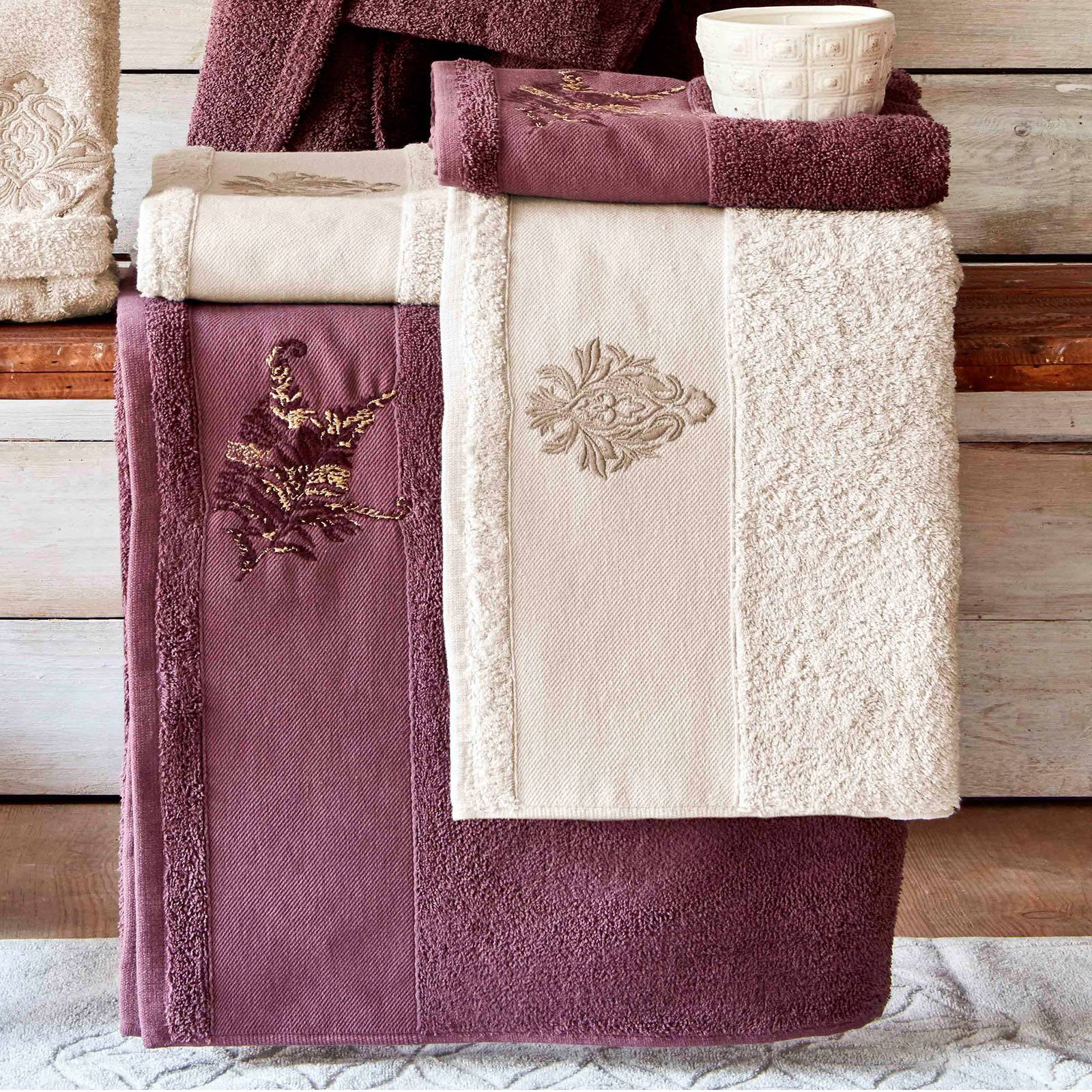Fronda Silvery Embroidered 3 Piece Plum - Beige Bathrobe Set 200.16.01.0217 - Bathrobe Sets - ebarza Furniture UAE | Shop Modern Furniture in Abu Dhabi & Dubai - مفروشات ايبازرا في الامارات | تسوق اثاث عصري وديكورات مميزة في دبي وابوظبي