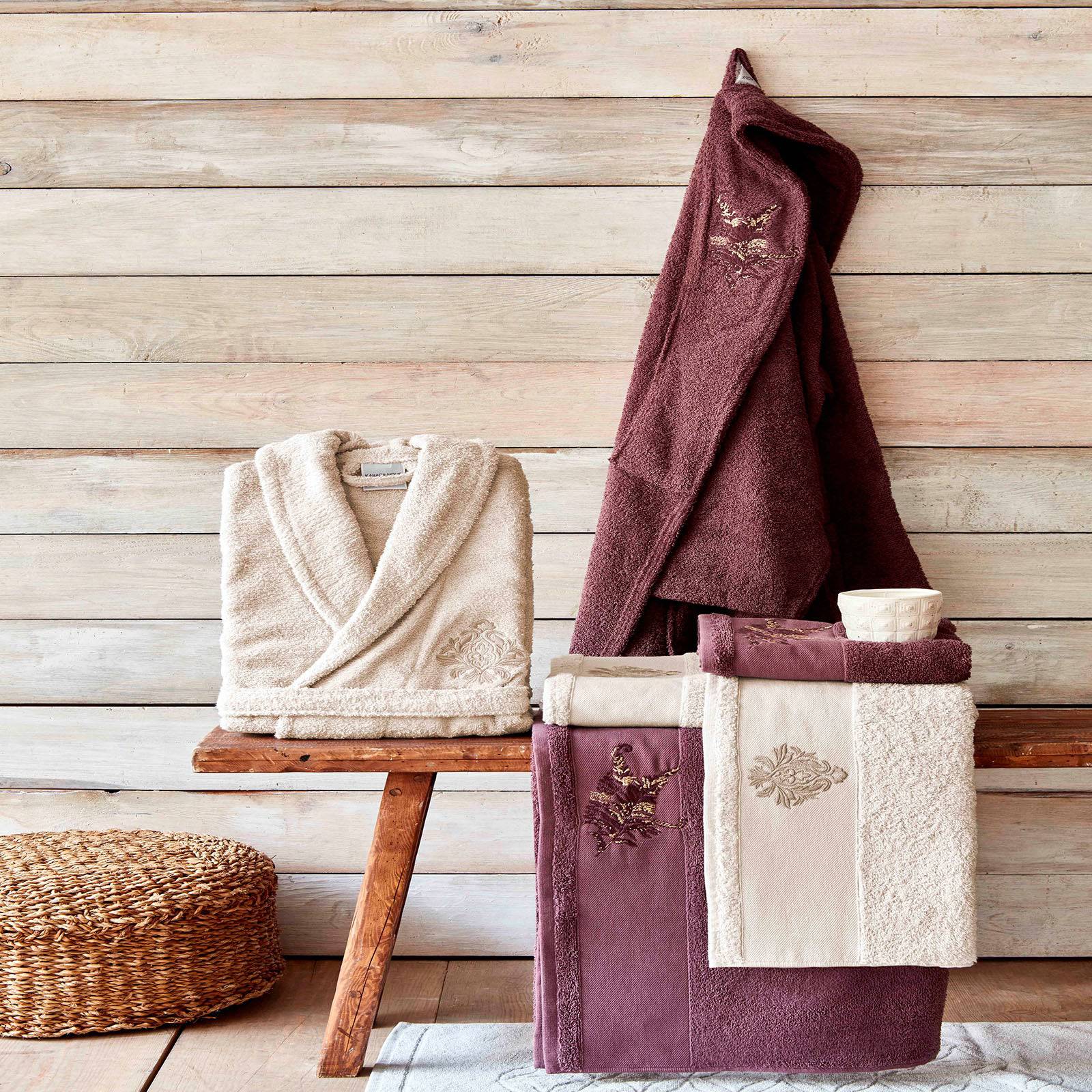 Fronda Silvery Embroidered 3 Piece Plum - Beige Bathrobe Set 200.16.01.0217 - Bathrobe Sets - ebarza Furniture UAE | Shop Modern Furniture in Abu Dhabi & Dubai - مفروشات ايبازرا في الامارات | تسوق اثاث عصري وديكورات مميزة في دبي وابوظبي