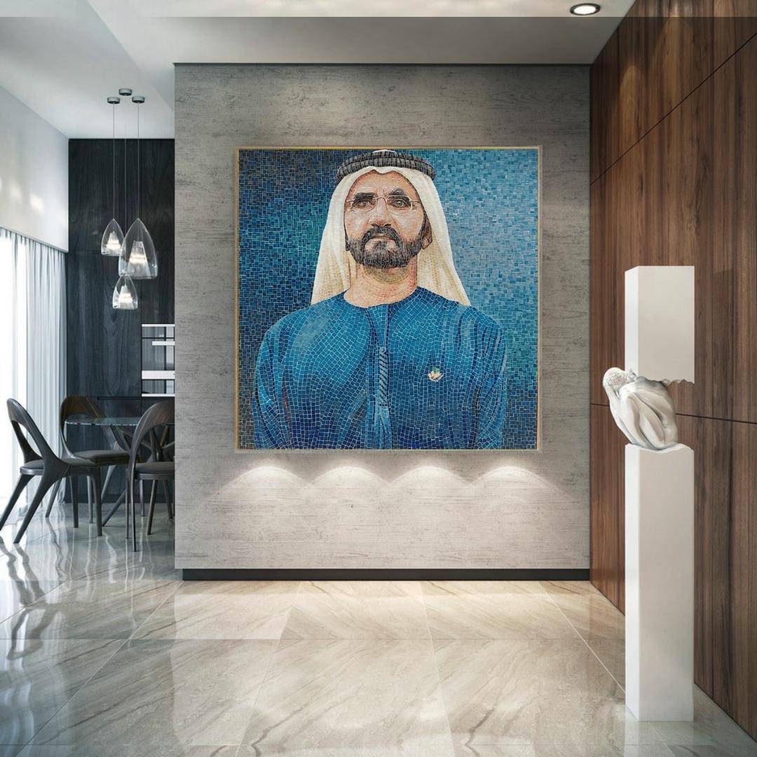 H. H. Sh Mohammed Bin Rashid Handmade Ice Jade Mosaic With Golden Frame 120X120 Cm Qp102 -  Paintings - ebarza Furniture UAE | Shop Modern Furniture in Abu Dhabi & Dubai - مفروشات ايبازرا في الامارات | تسوق اثاث عصري وديكورات مميزة في دبي وابوظبي