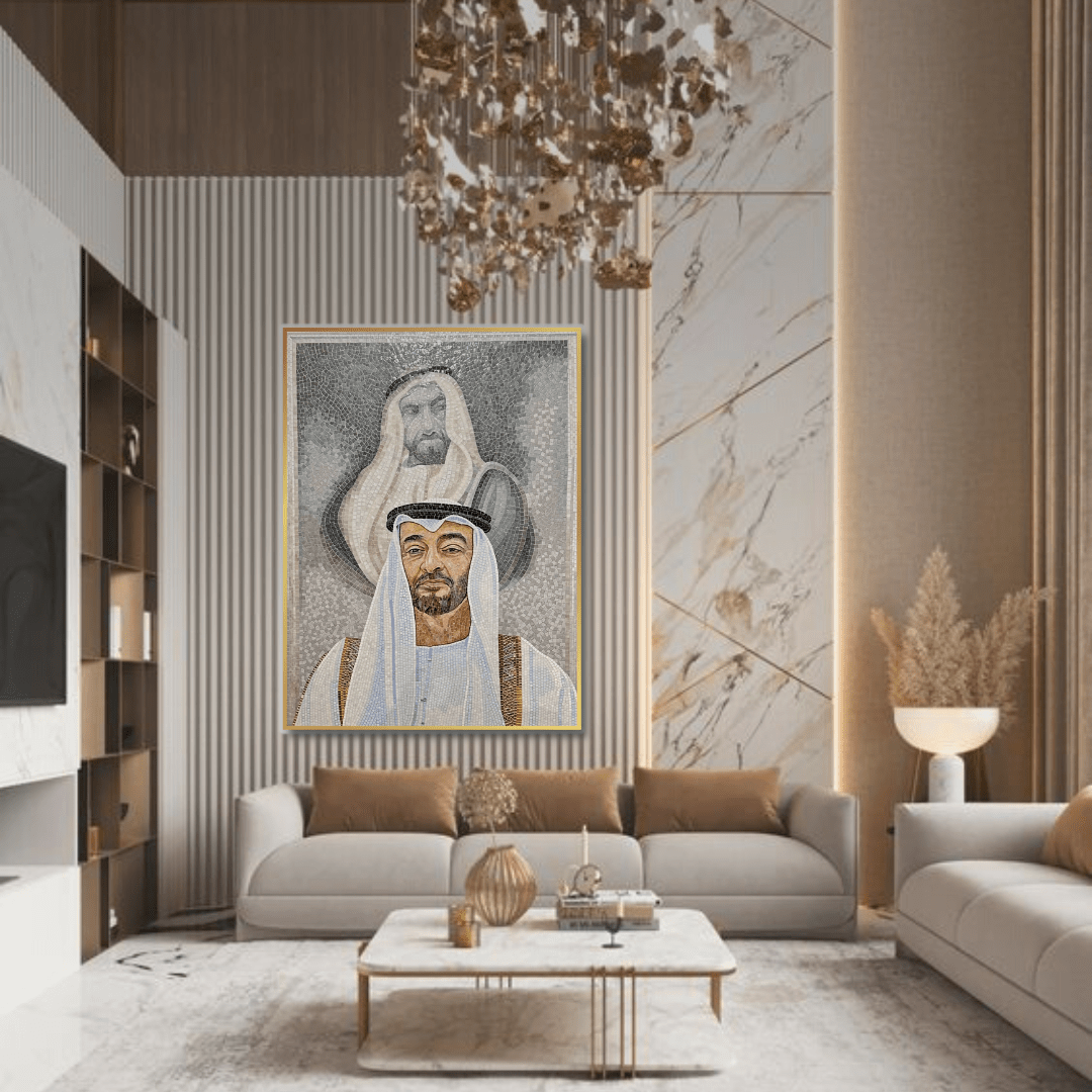 H. H. Sh Muhammad Bin Zayed & H. H. Sh Zayed Al Nahyan  Handmade Ice Jade Mosaic With Golden Frame 120X160 Cm Qp104 -  Paintings - ebarza Furniture UAE | Shop Modern Furniture in Abu Dhabi & Dubai - مفروشات ايبازرا في الامارات | تسوق اثاث عصري وديكورات مميزة في دبي وابوظبي